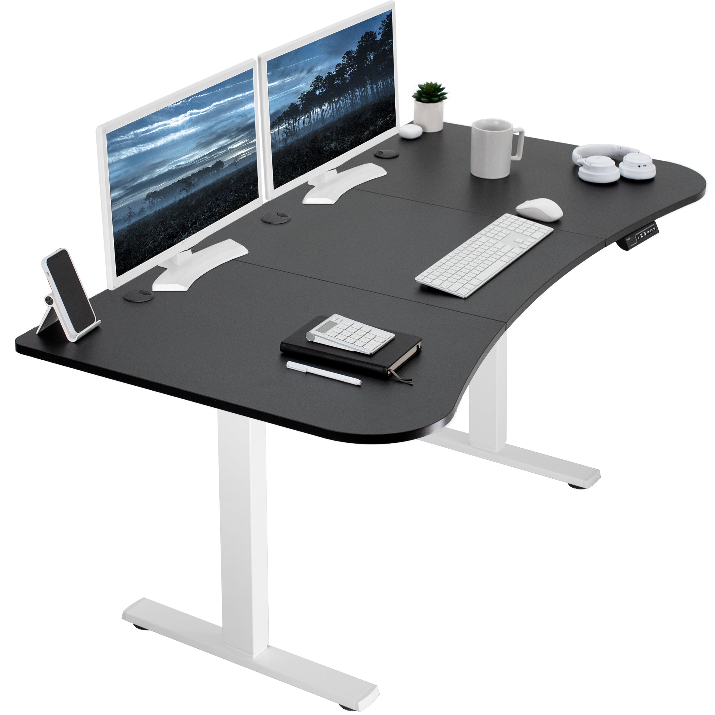 Sit to stand height adjustable electric desk with push button memory controller for ergonomic office workstation.