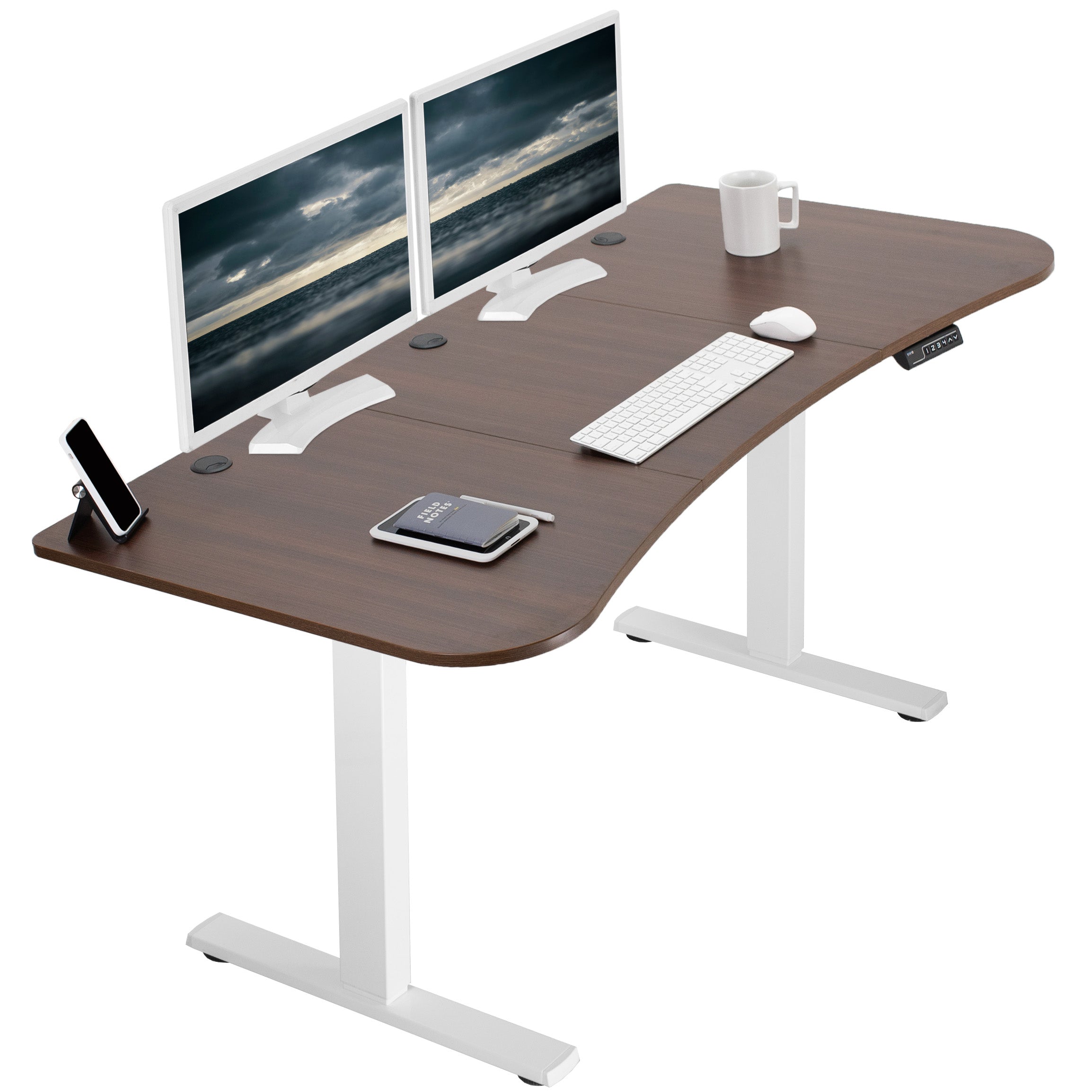 Sit to stand height adjustable electric desk with push button memory controller for ergonomic office workstation.