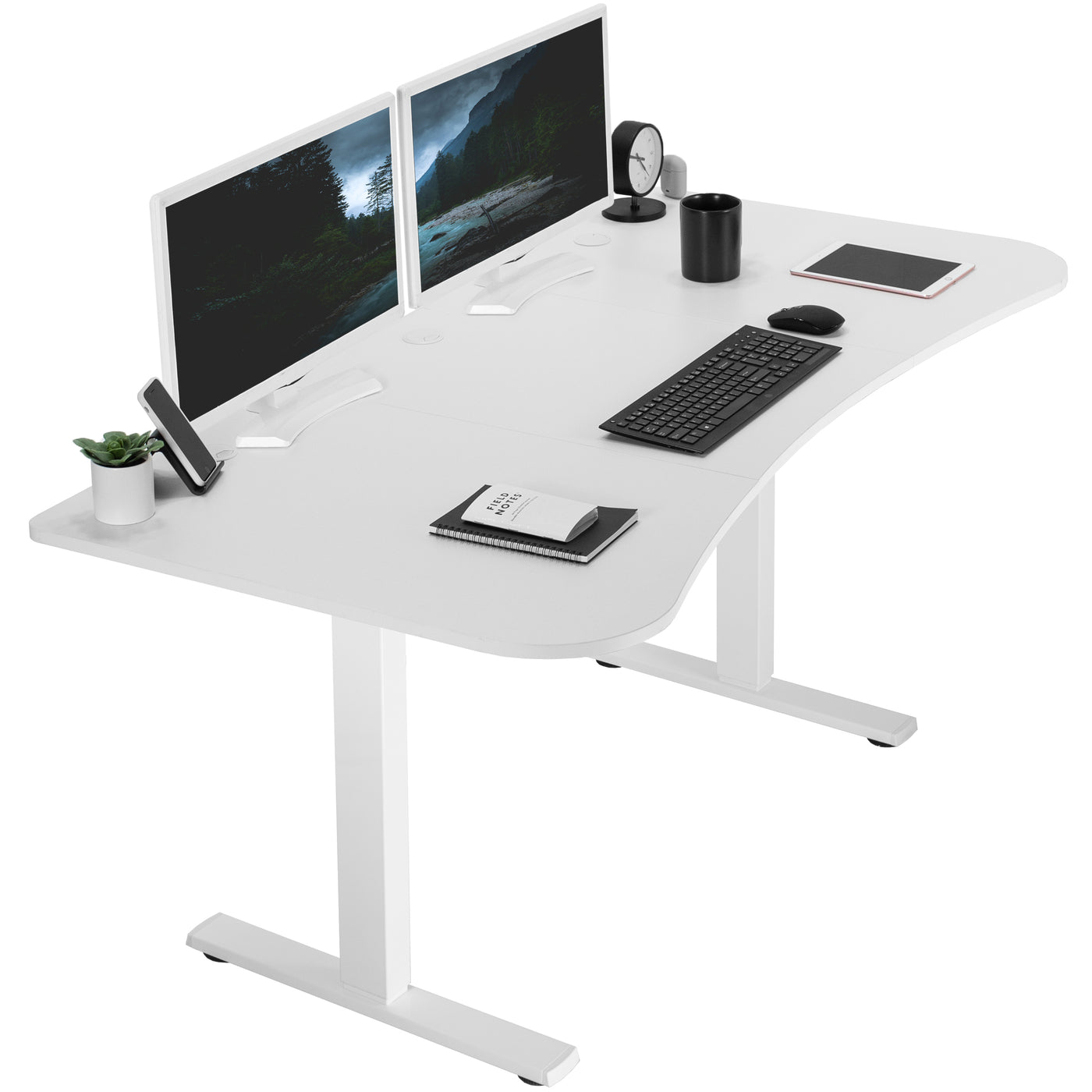 Sit to stand height adjustable electric desk with push button memory controller for ergonomic office workstation.