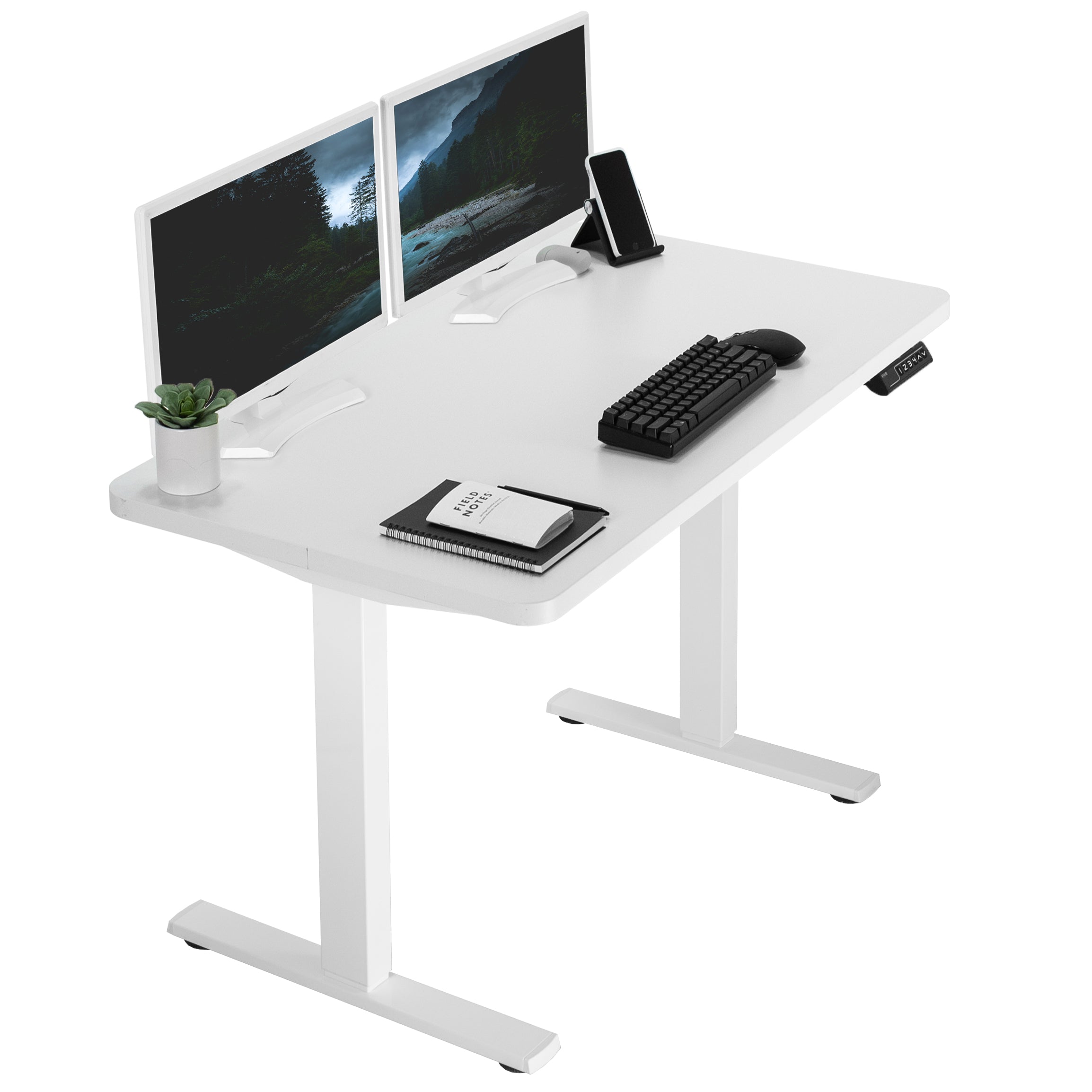 Sturdy ergonomic sit or stand active desk workstation with adjustable height using smart control panel.