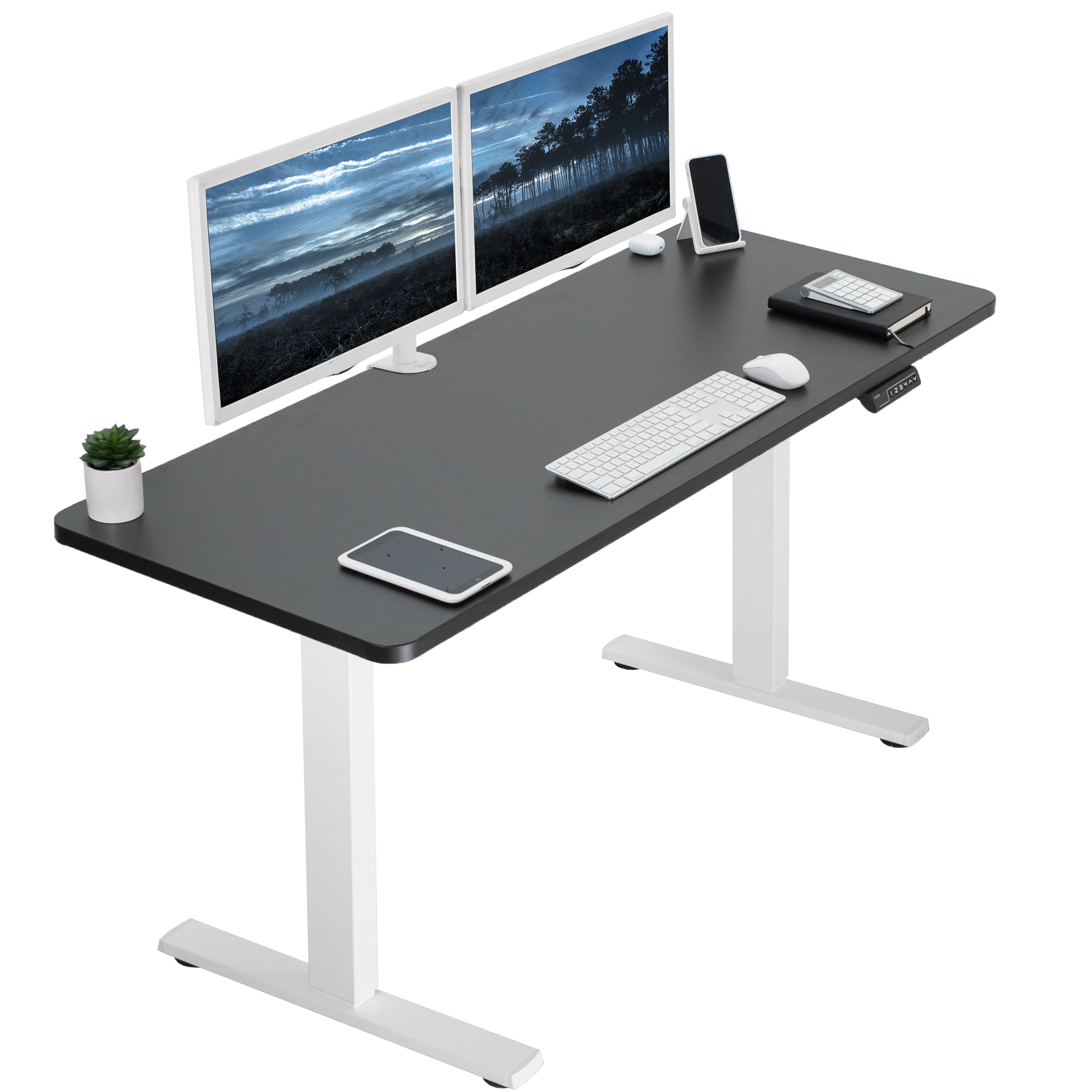 Sturdy ergonomic sit or stand active desk workstation with adjustable height using smart control panel.