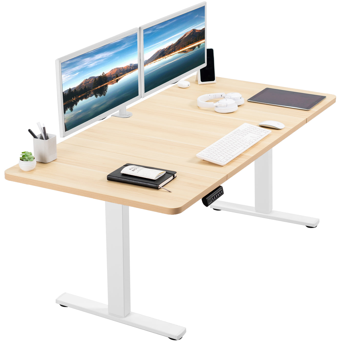 Sturdy ergonomic sit or stand active desk workstation with adjustable height using smart control panel.