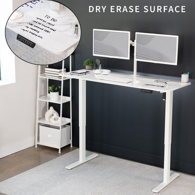 Sturdy ergonomic dry erase sit or stand active whiteboard desk workstation with adjustable height using smart control panel.