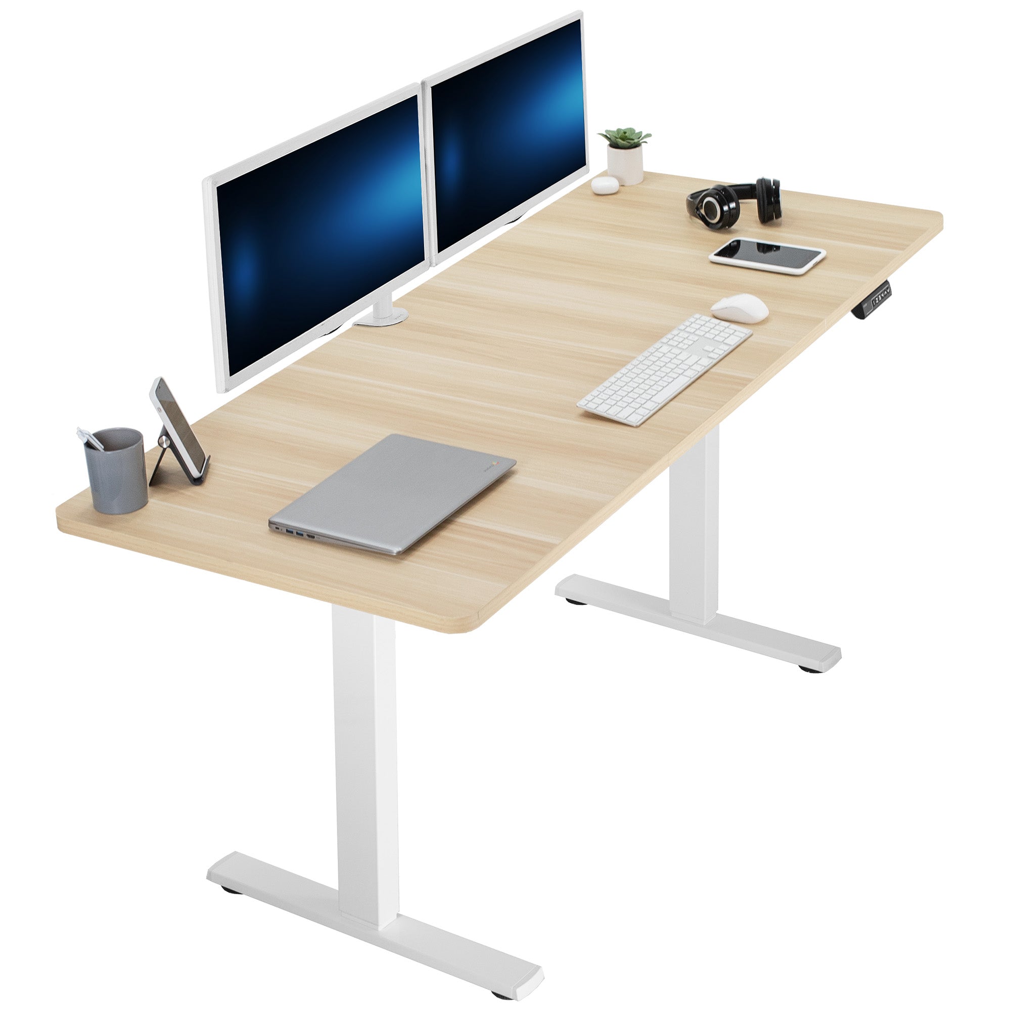 Large sturdy sit or stand modern desk with electric height adjustment options.