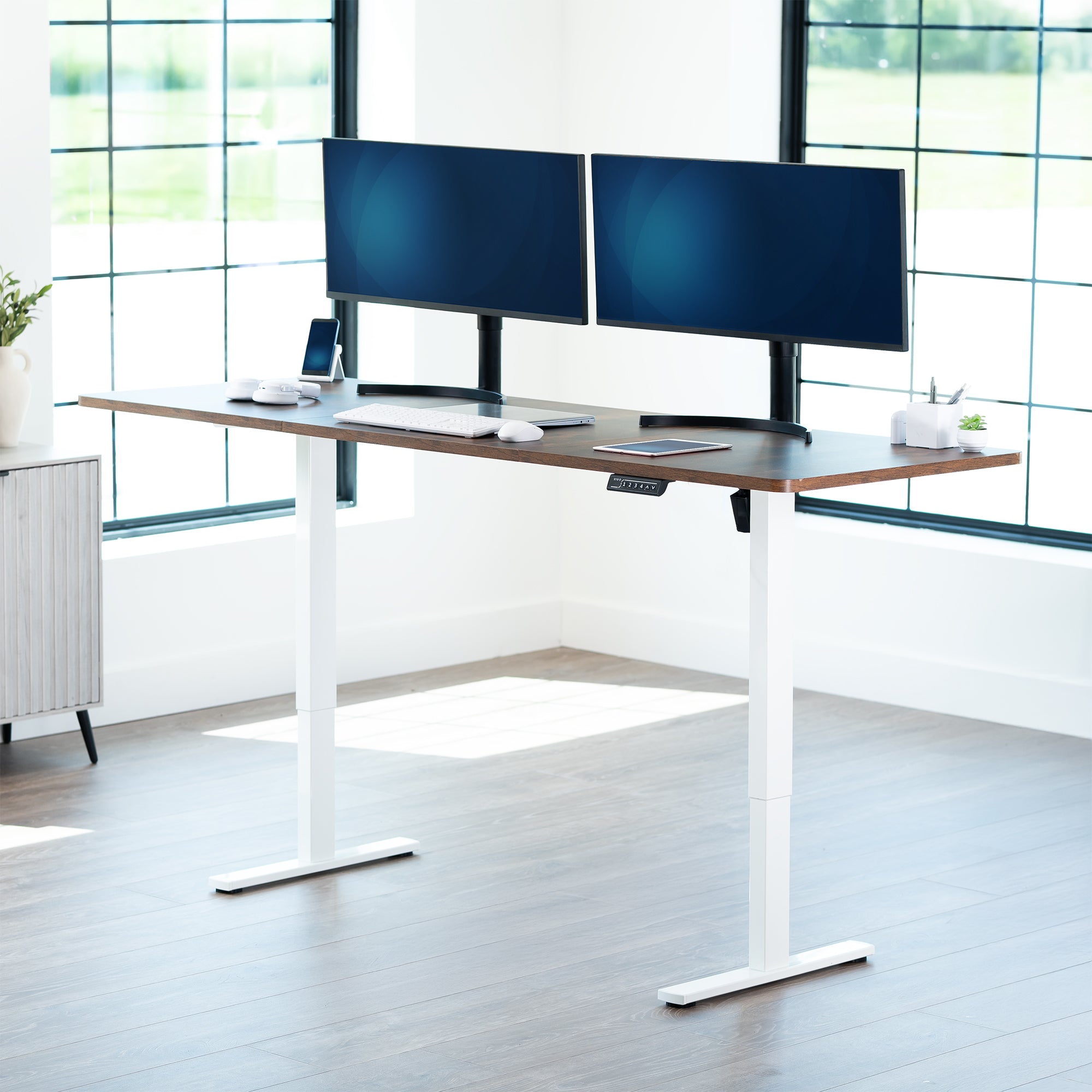 Extra large rustic sturdy sit or stand active workstation with adjustable height using smart control panel.
