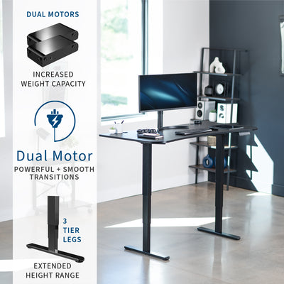 Large standing desk featuring smooth height adjustment, powerful dual motors, and a simple push-button controller featuring memory presets.