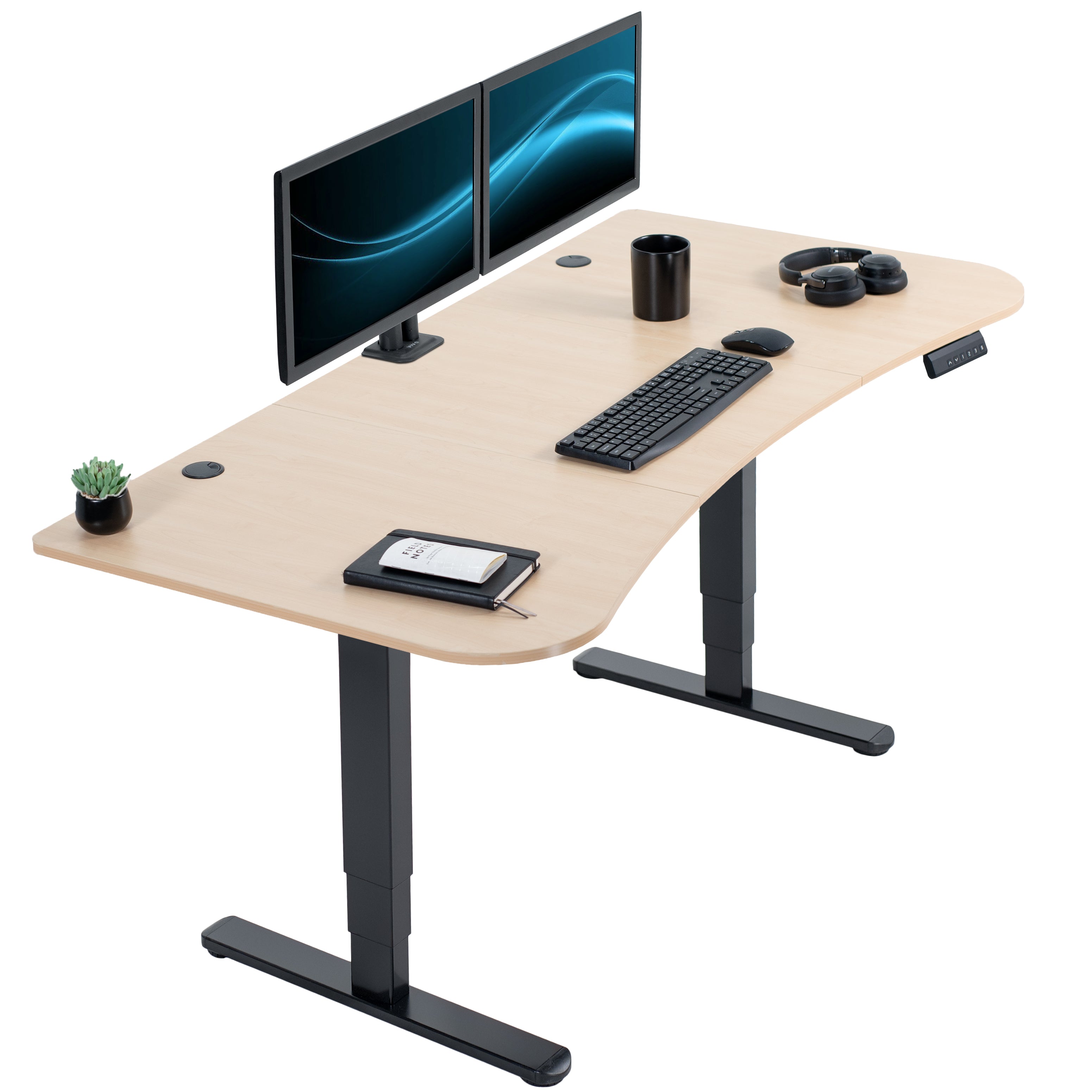 Large standing desk featuring smooth height adjustment, powerful dual motors, and a simple push-button controller featuring memory presets.