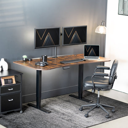 Large rustic standing desk featuring smooth height adjustment, powerful dual motors, and a simple push-button controller featuring memory presets.