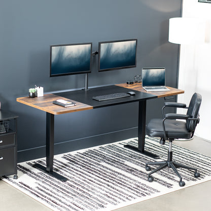 Rustic large sturdy sit or stand active workstation with adjustable height using memory control panel.