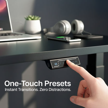 63” x 32” Electric Height Adjustable Stand Up Desk. Features a built-in power strip.