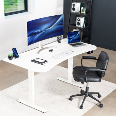 Ergonomic sit or stand active workstation with adjustable height using touch screen control panel.