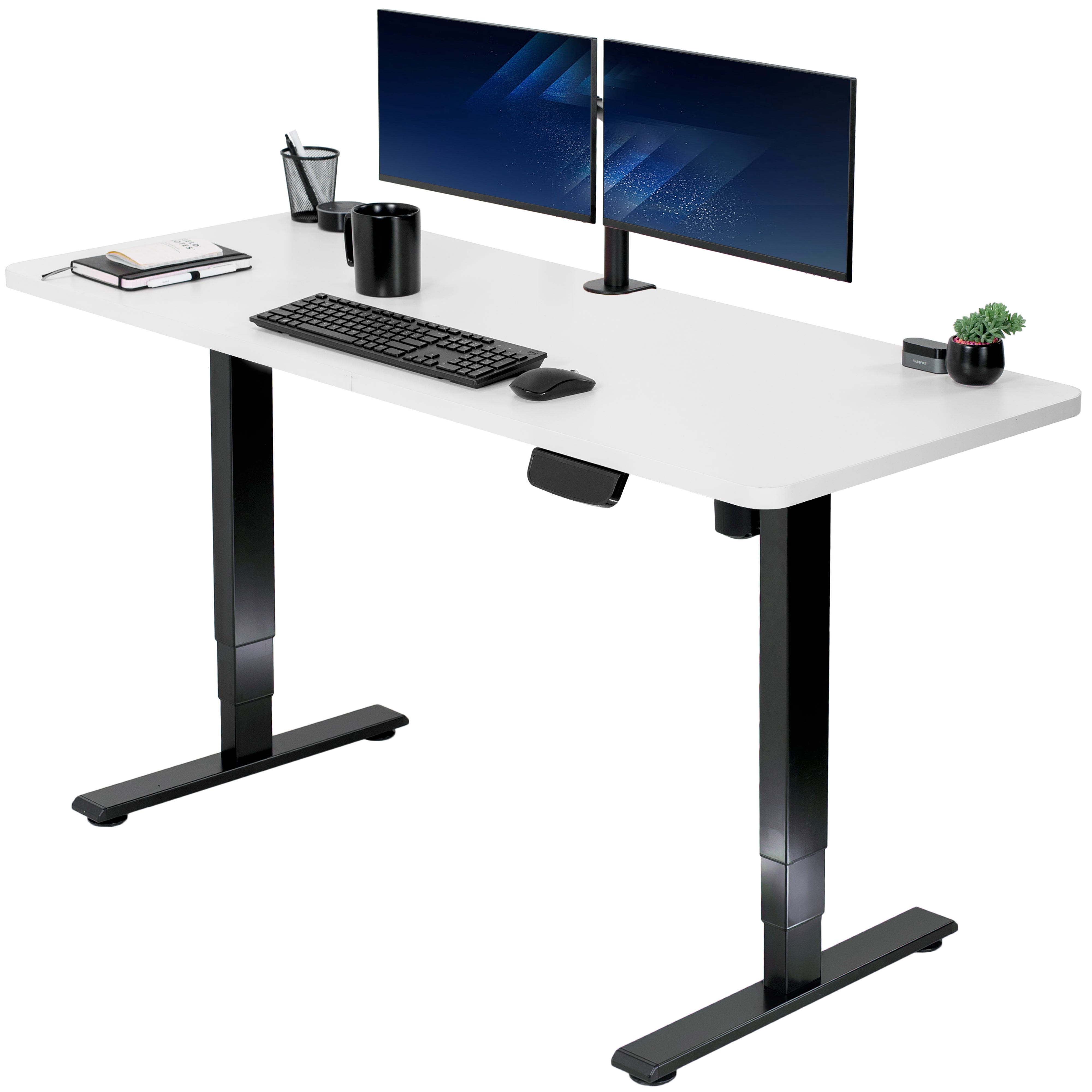 Heavy-duty electric height adjustable desktop workstation for active sit or stand efficient workspace.