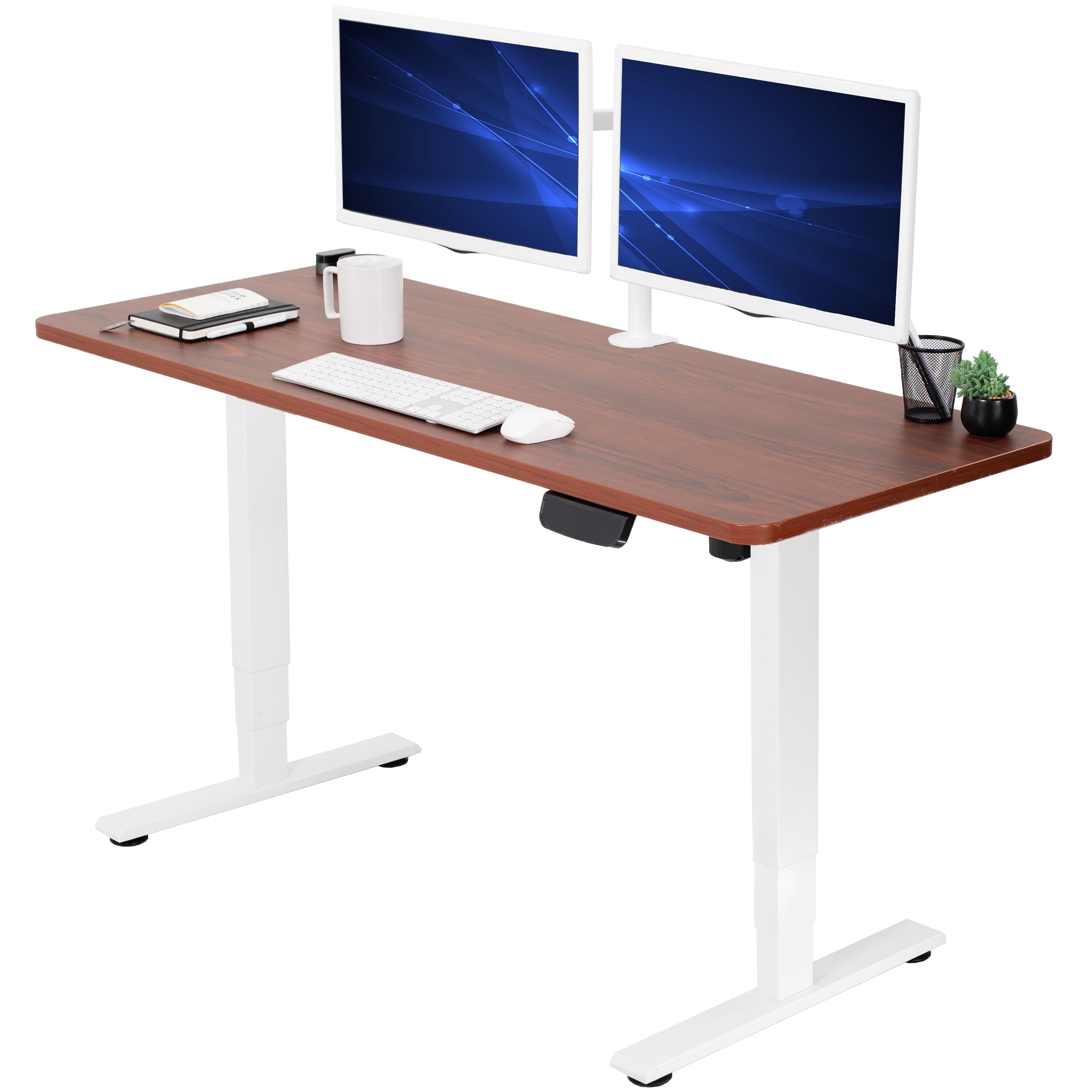 Heavy-duty electric height adjustable desktop workstation for active sit or stand efficient workspace.