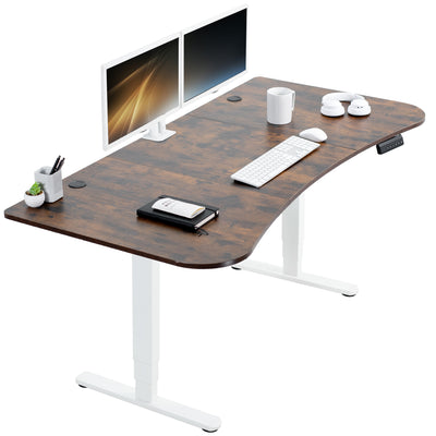 Large rustic standing desk featuring smooth height adjustment, powerful dual motors, and a simple push-button controller featuring memory presets.