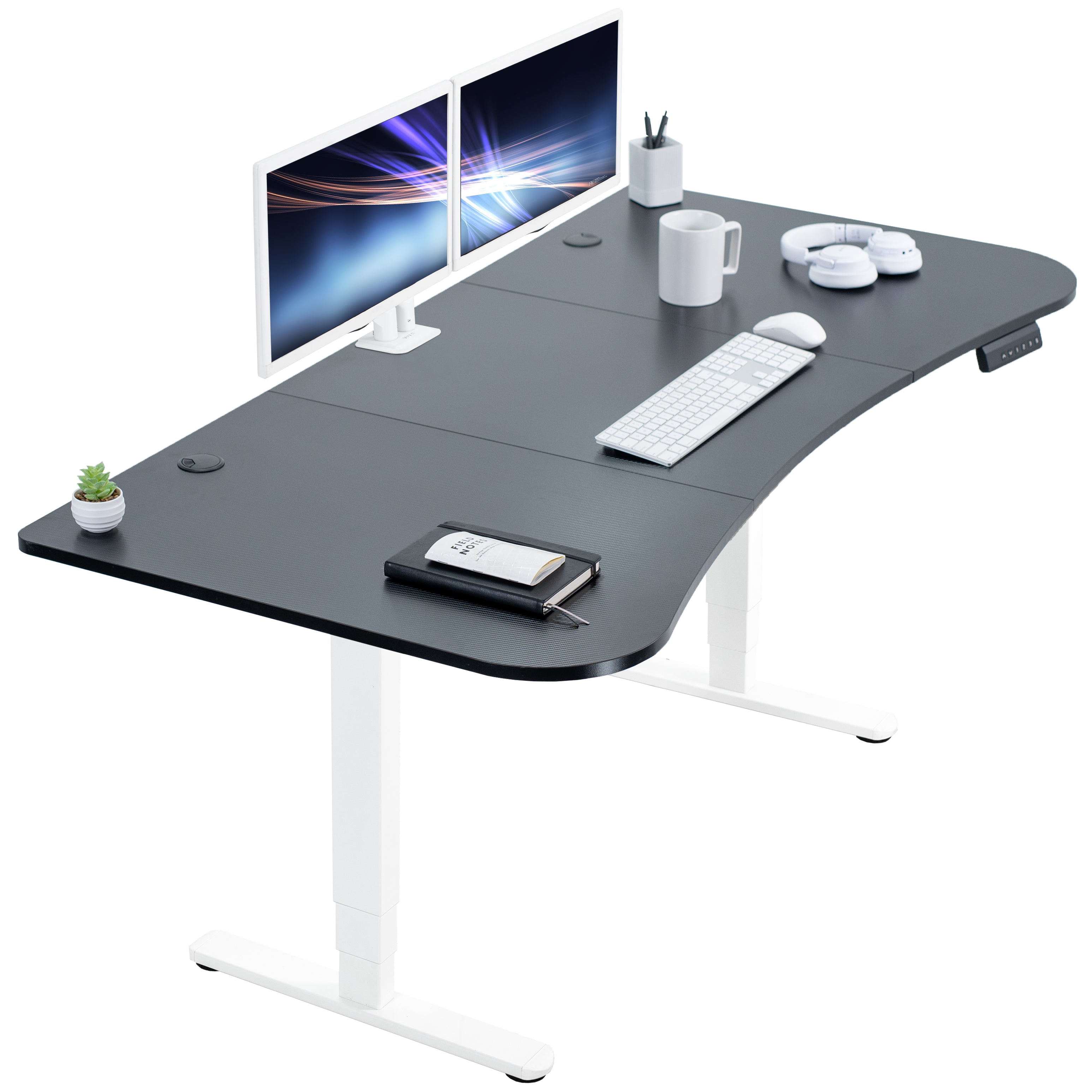 Large standing desk featuring smooth height adjustment, powerful dual motors, and a simple push-button controller featuring memory presets.