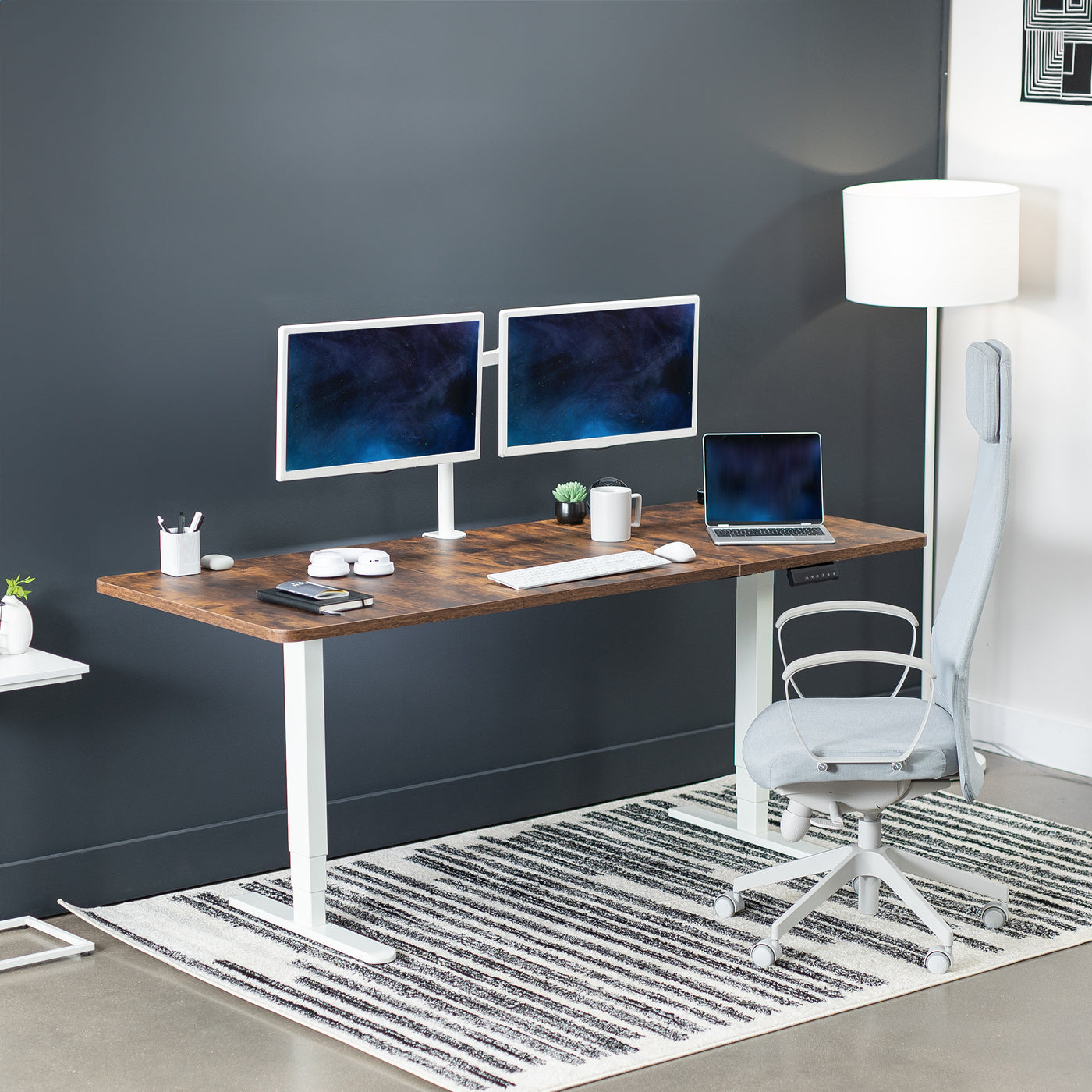 Rustic large sturdy sit or stand active workstation with adjustable height using memory control panel.