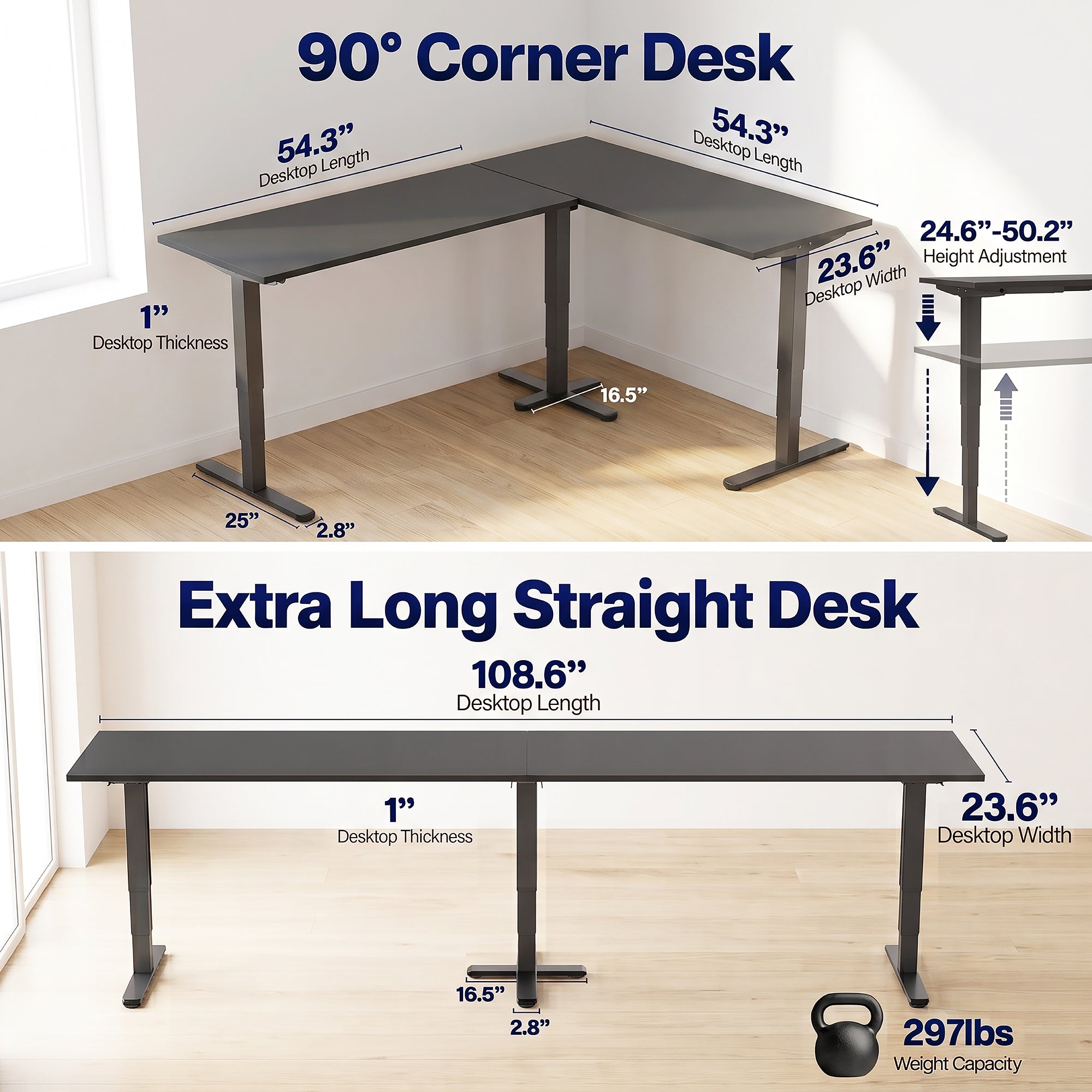 Extra Long 109" x 24" Electric Desk with Square Corner Top