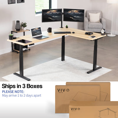 Large electric heavy-duty corner desk workstation for modern office workspaces. Desk parts ship in three separate boxes and may arrive on separate days.