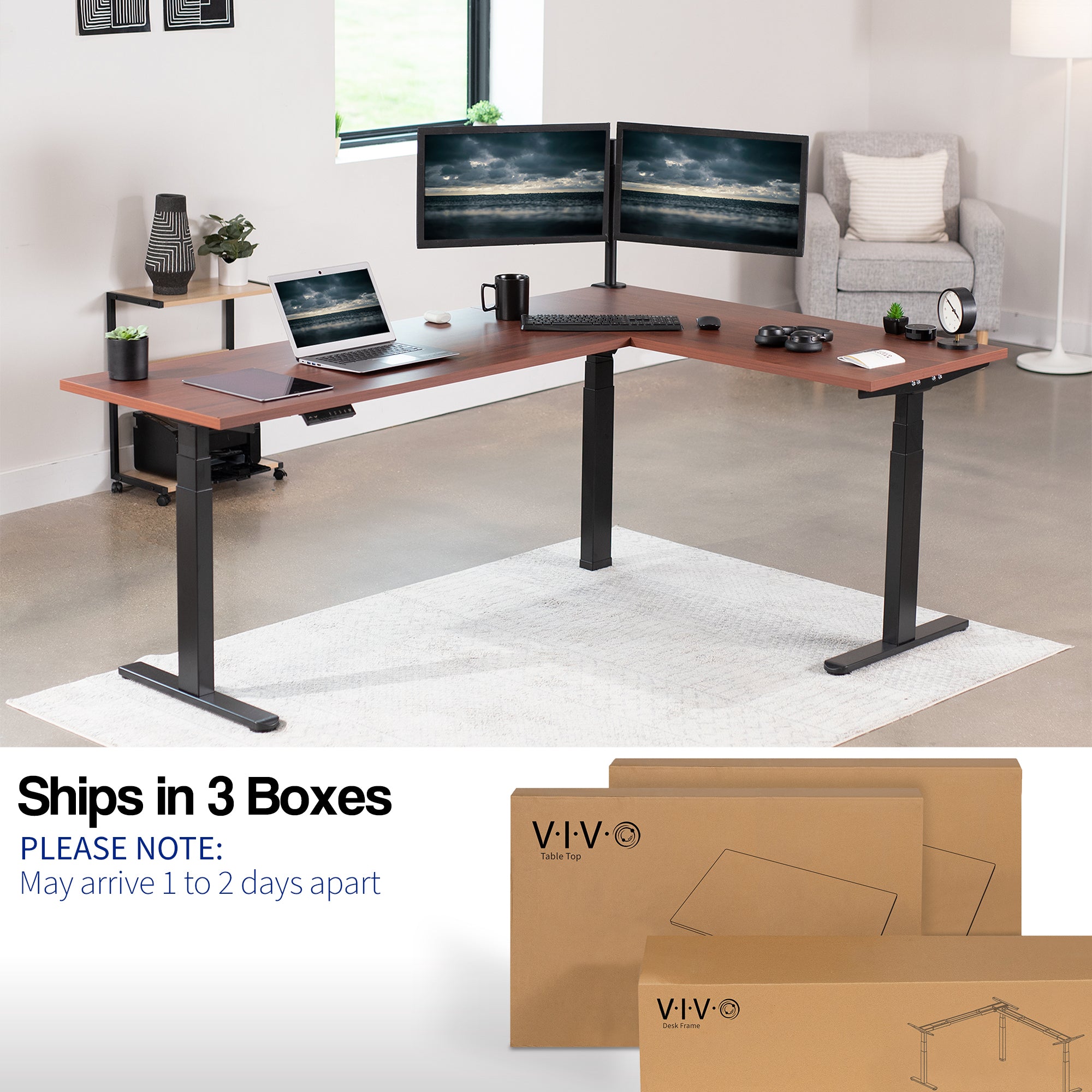 Large electric heavy-duty corner desk workstation for modern office workspaces. Desk parts ship in three separate boxes and may arrive on separate days.