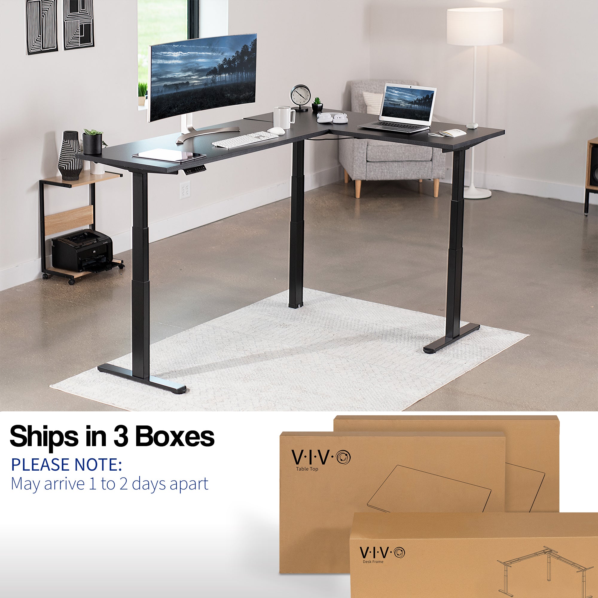 Large electric heavy-duty corner desk workstation for modern office workspaces. Desk parts ship in three separate boxes and may arrive on separate days.