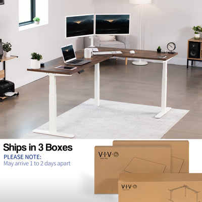 Large rustic electric heavy-duty corner desk workstation for modern office workspaces. Desk parts ship in three separate boxes and may arrive on separate days.
