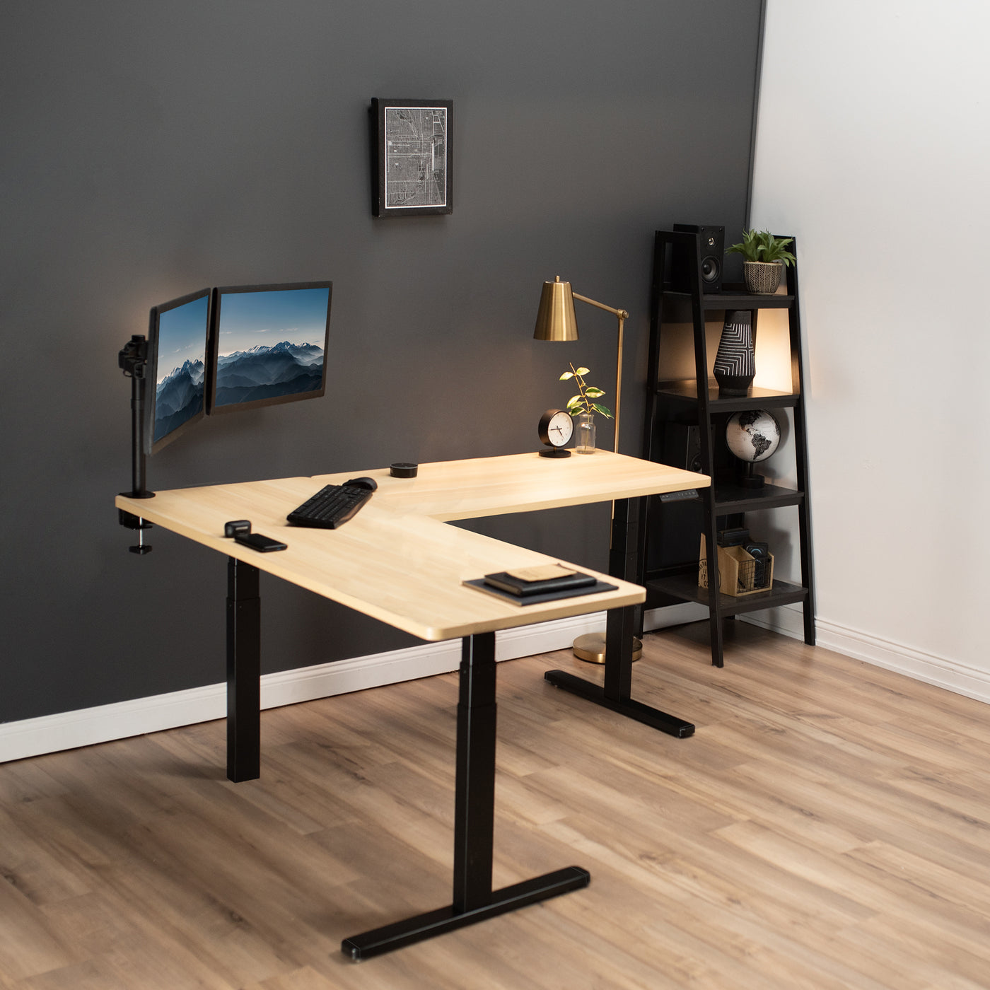Sit or stand, 3 stage column heavy-duty L-shaped corner desk from VIVO.