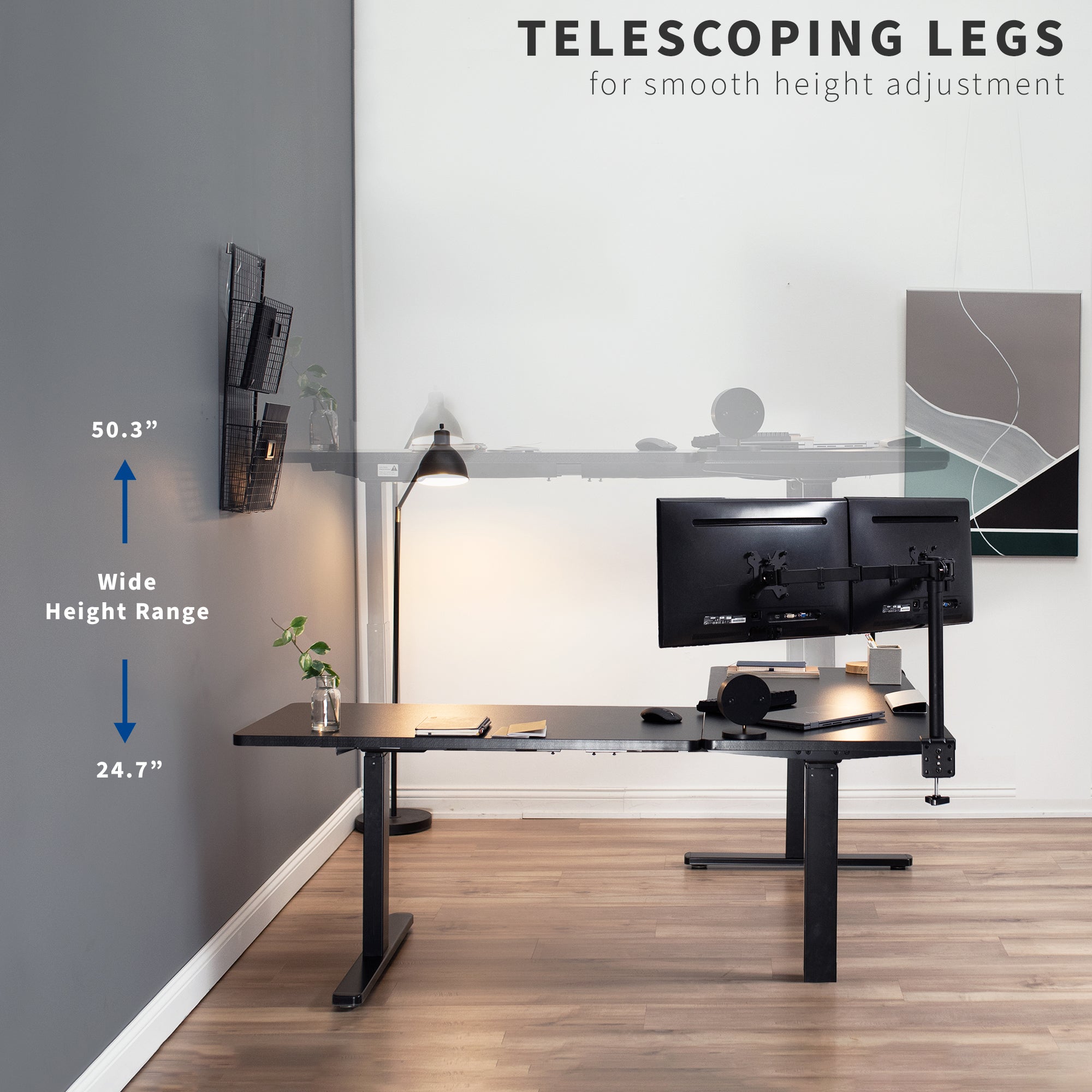 Sit or stand, 3 stage column heavy-duty L-shaped corner desk from VIVO.