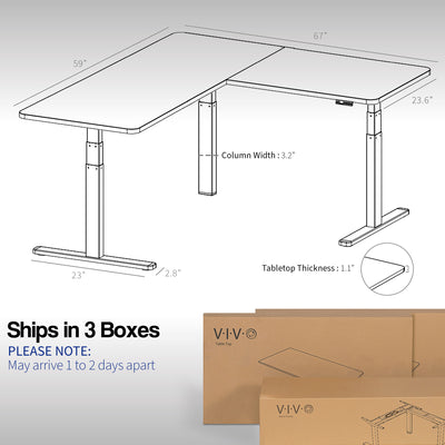 Sit or stand, 3 stage column heavy-duty L-shaped corner desk from VIVO. Desk parts ship in three separate boxes and may arrive on separate days.