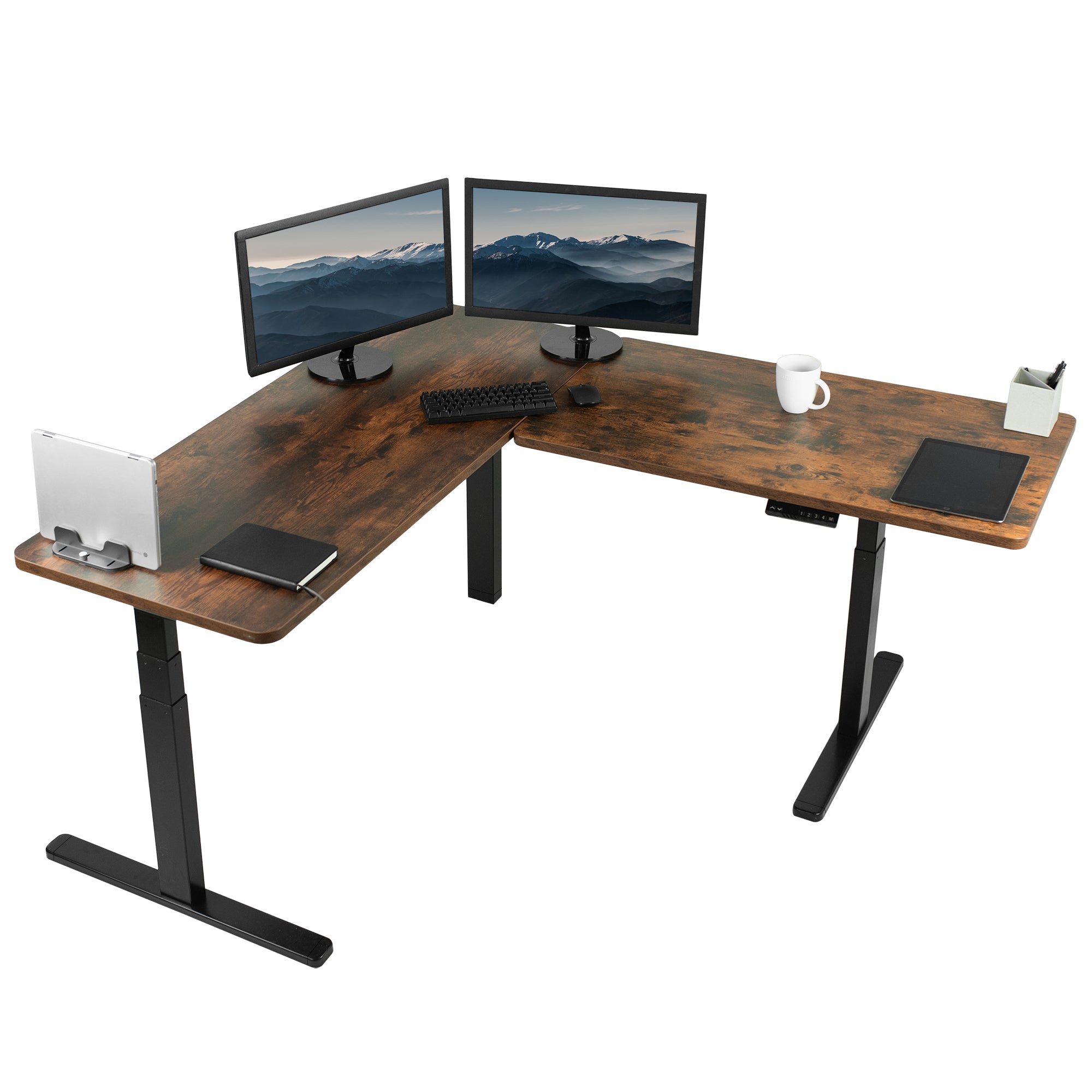 Sit or stand, 3 stage column heavy-duty L-shaped corner desk from VIVO.