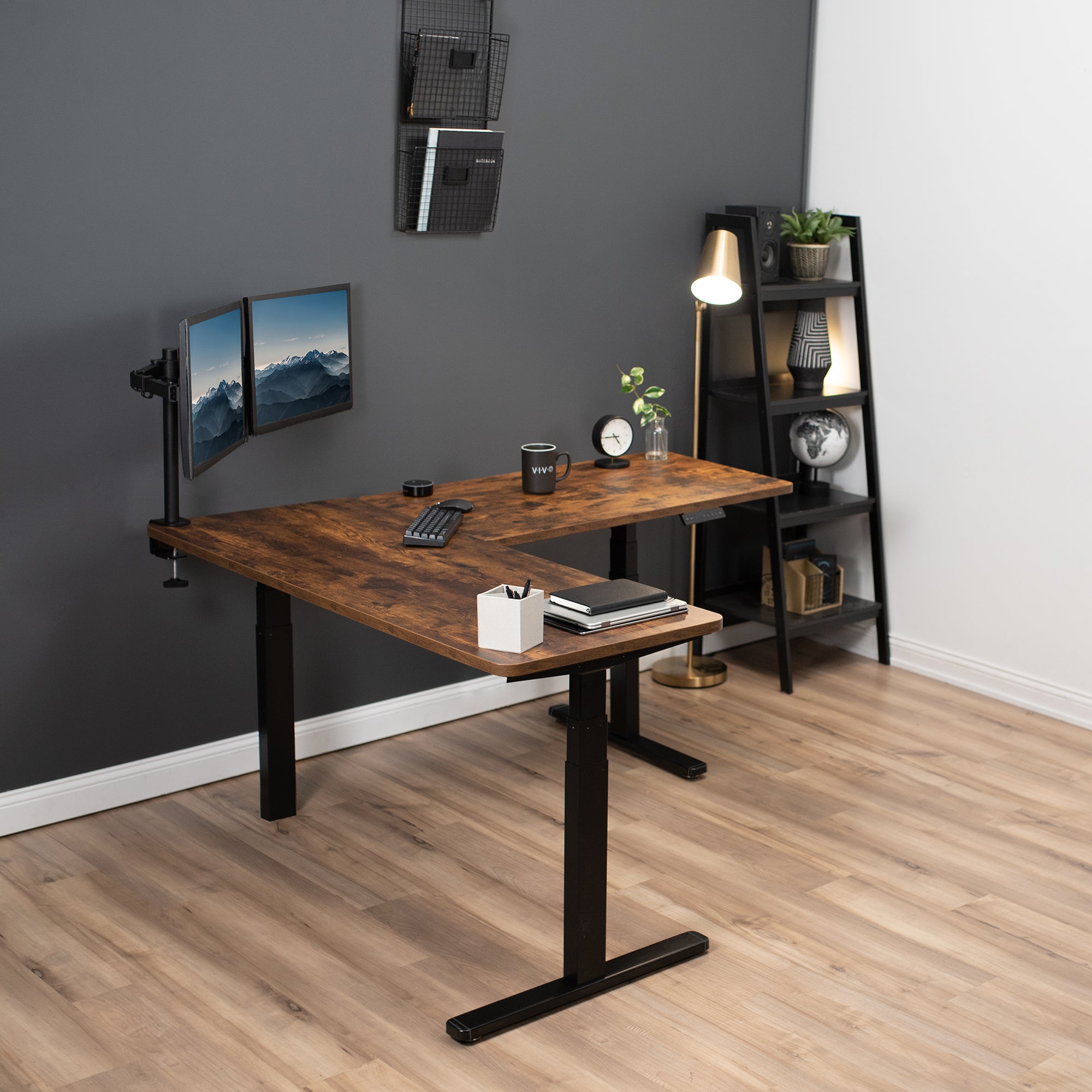 Sit or stand, 3 stage column heavy-duty L-shaped corner desk from VIVO.