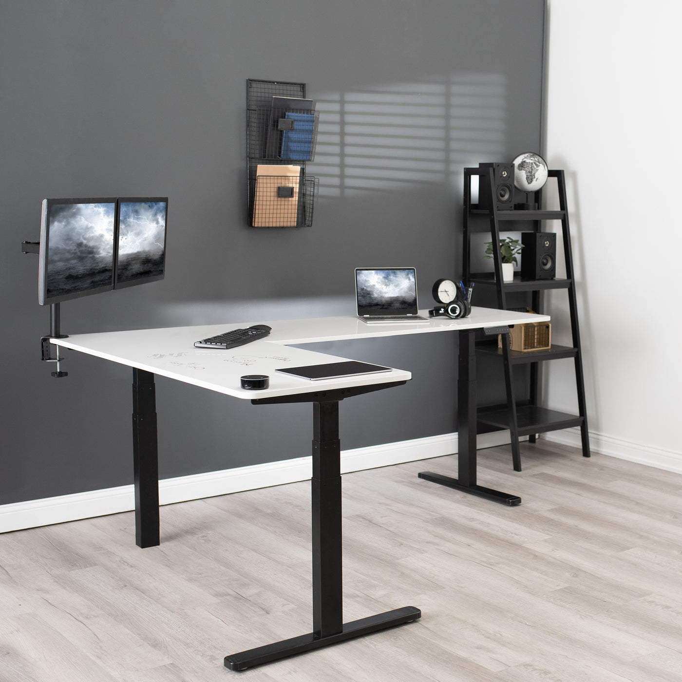 Large sturdy height adjustable corner desk workstation with memory controller.