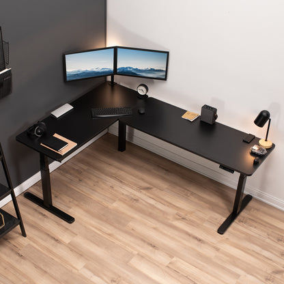 Large sturdy height adjustable corner desk workstation with memory controller.