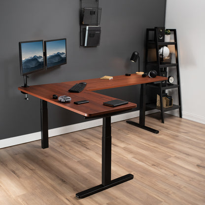 Large sturdy height adjustable corner desk workstation with memory controller.