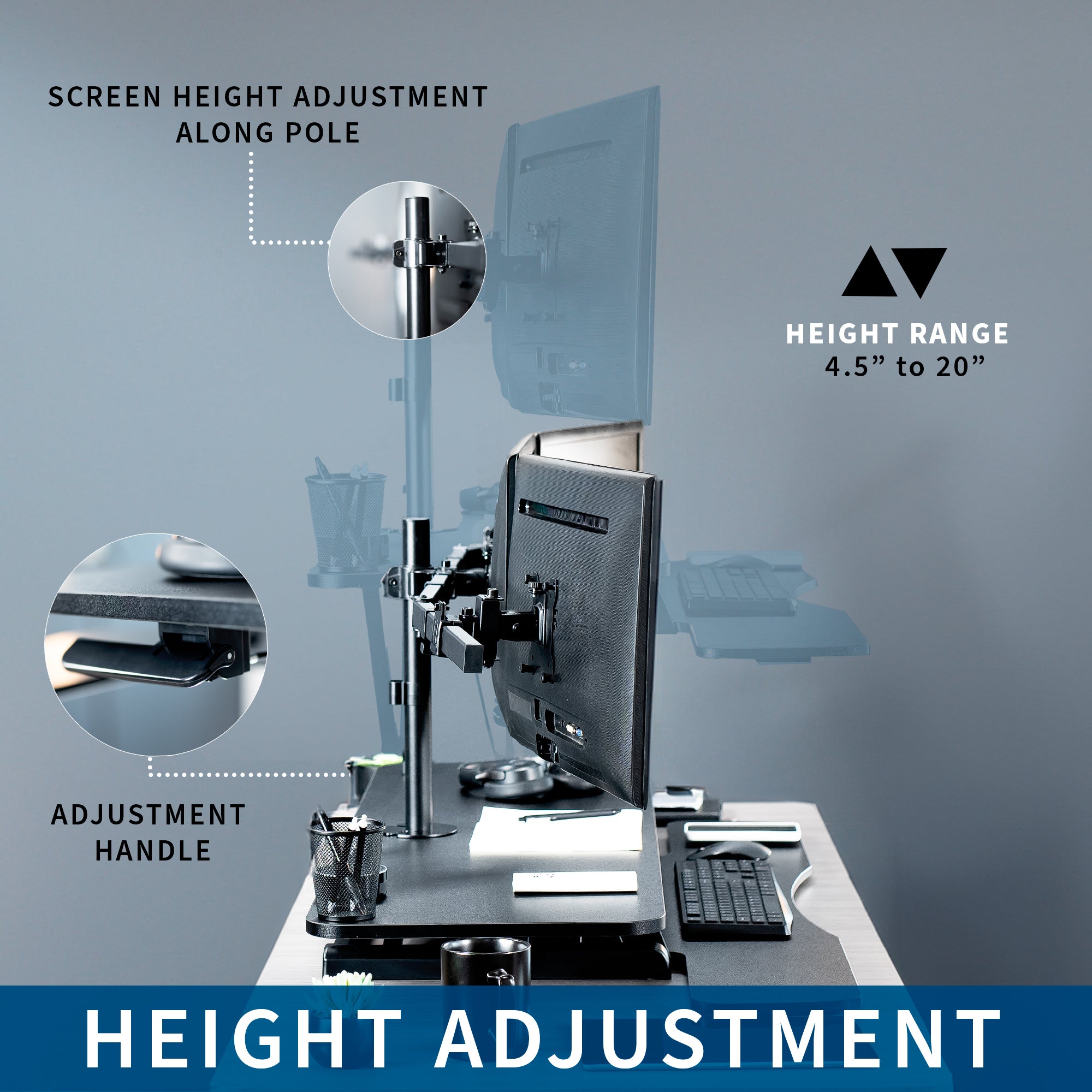 Spacious height adjustable desk riser with articulating triple monitor mount.