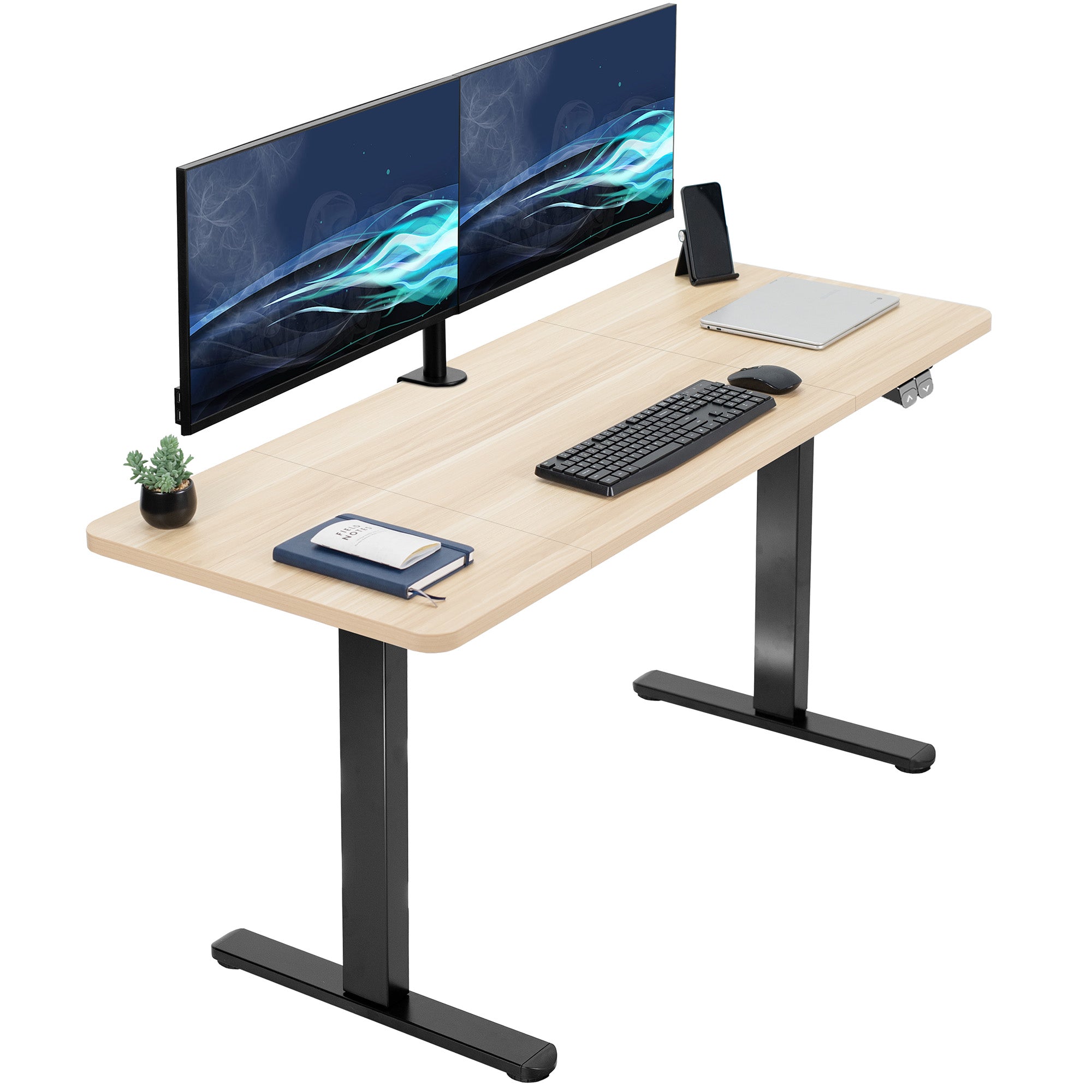 Light Wood desk with black metal legs, two monitors, keyboard, mouse, and other office items on a white background.