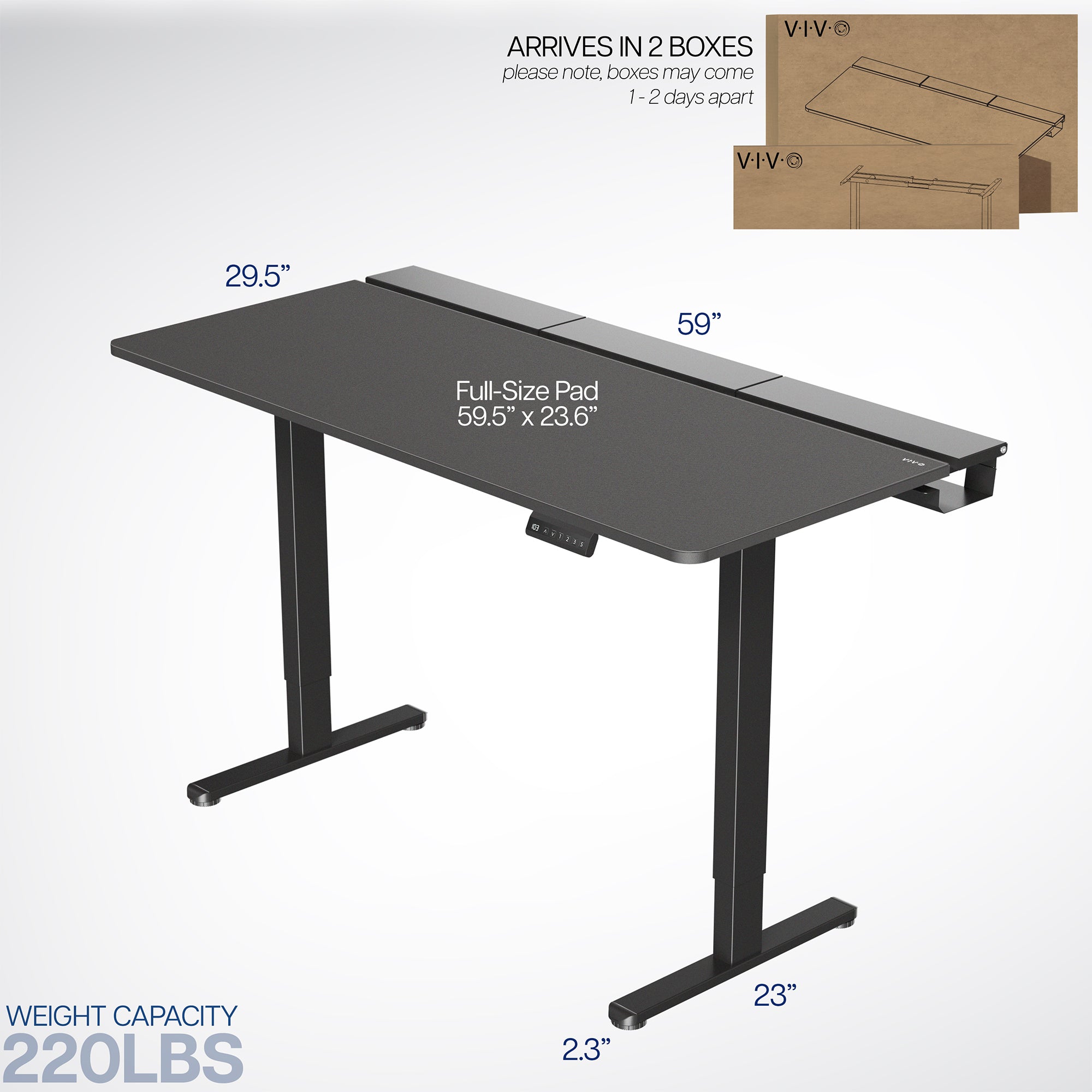 Dual motor electric desk with concealed cable management/storage trays and a full-sized desk pad, featuring memory controller height adjustment with memory settings.