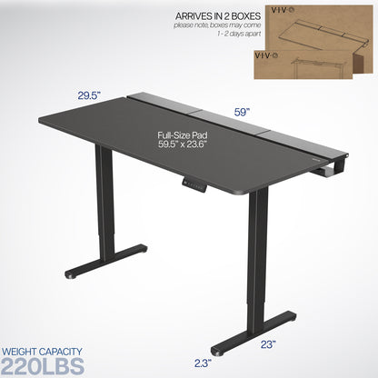 Dual motor electric desk with concealed cable management/storage trays and a full-sized desk pad, featuring memory controller height adjustment with memory settings.