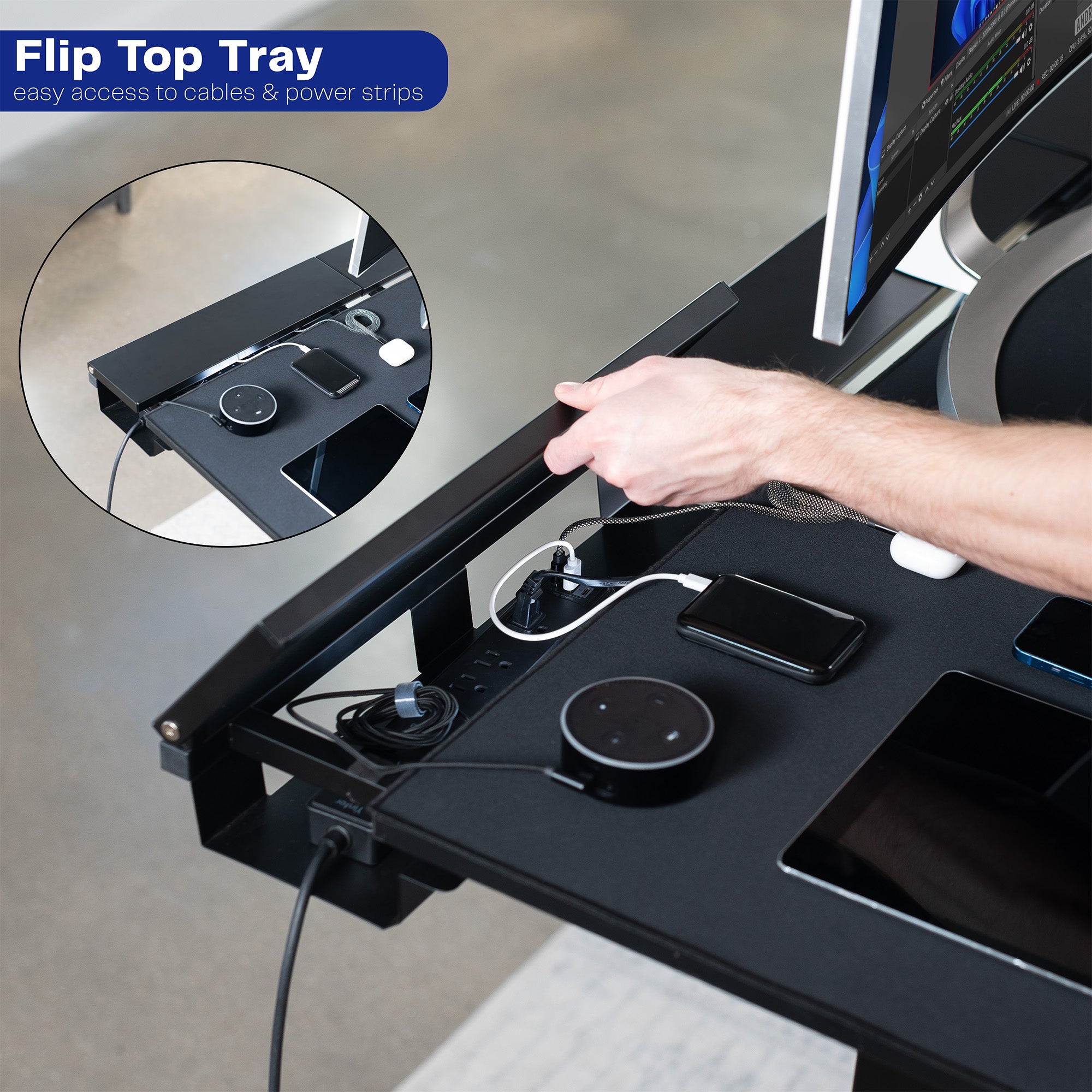 Dual motor electric desk with concealed cable management/storage trays and a full-sized desk pad, featuring memory controller height adjustment with memory settings.