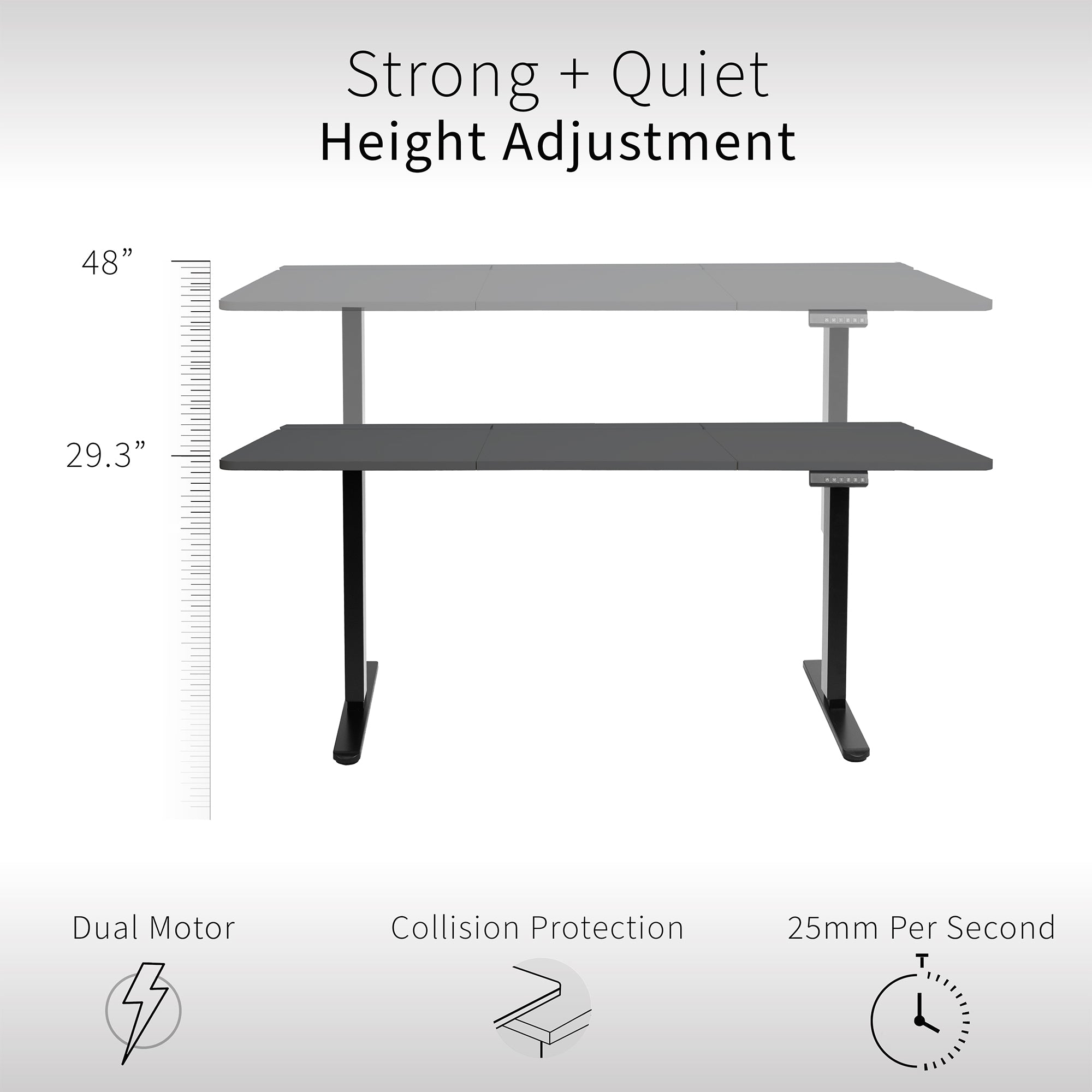 Dual motor electric desk with concealed cable management/storage trays and a full-sized desk pad, featuring memory controller height adjustment with memory settings.