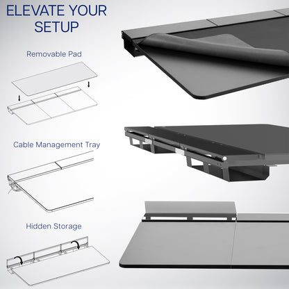 Dual motor electric desk with concealed cable management/storage trays and a full-sized desk pad, featuring memory controller height adjustment with memory settings.