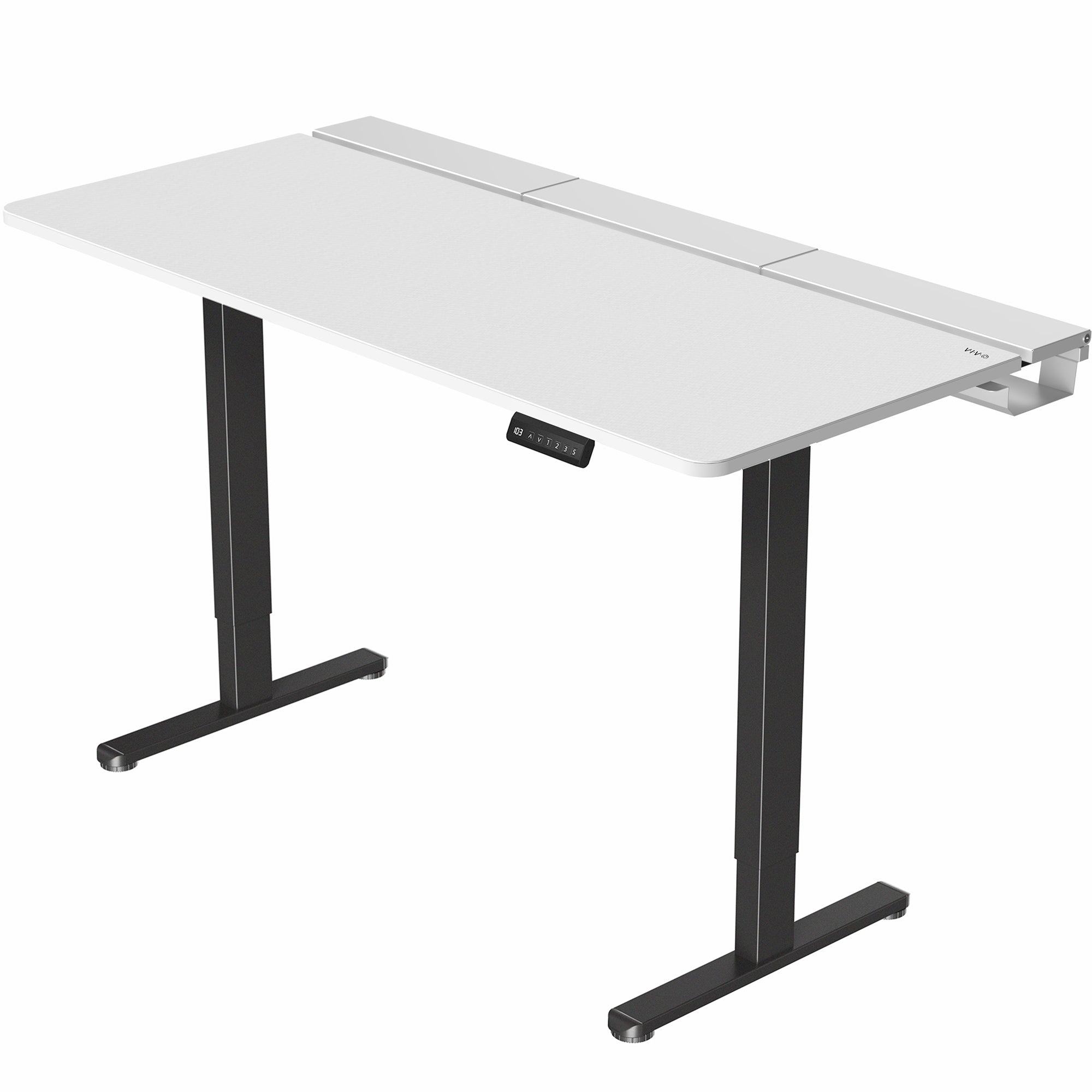 Dual motor electric desk with concealed cable management/storage trays and a full-sized desk pad, featuring memory controller height adjustment with memory settings.