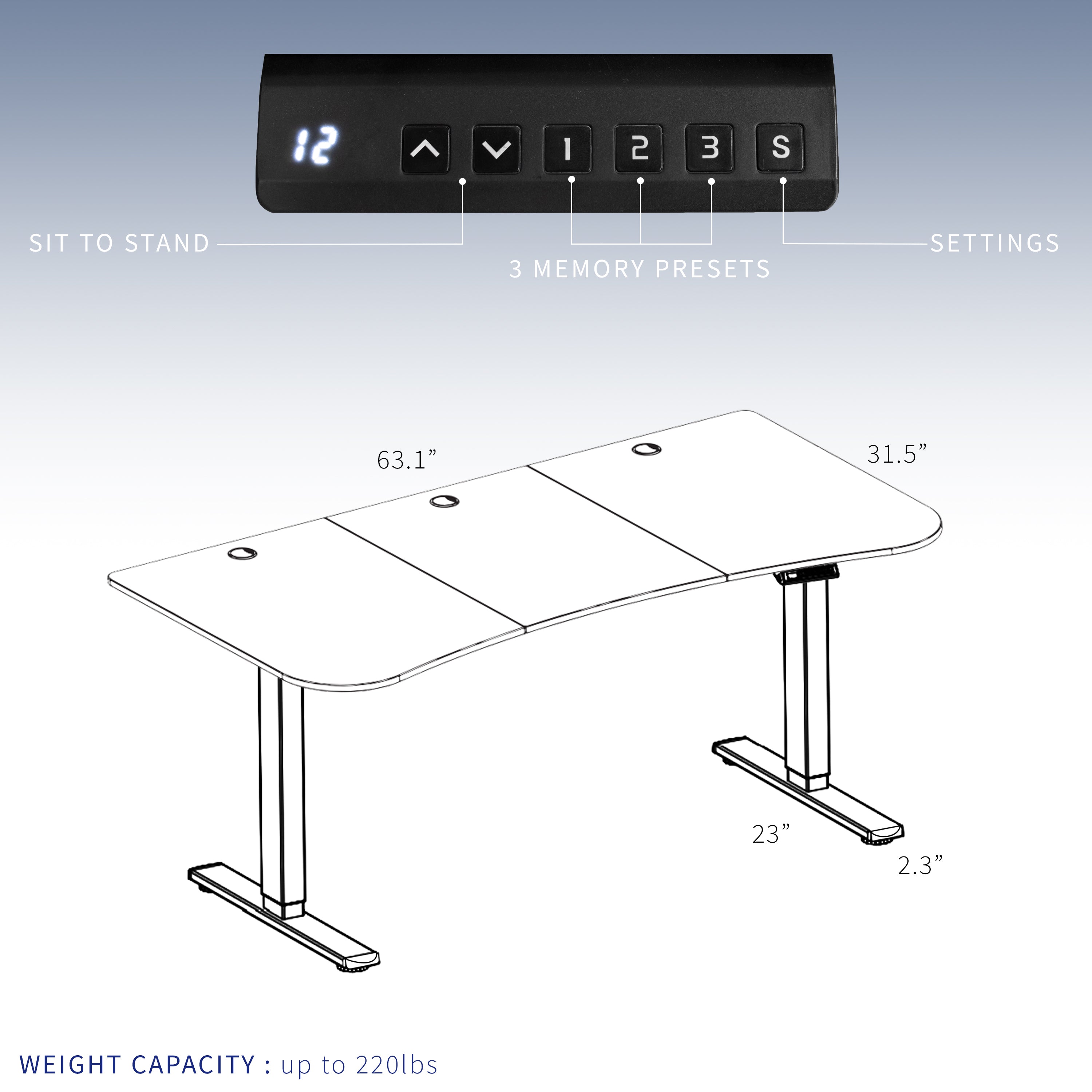 Heavy-duty electric sit to stand height adjustable ergonomic desk workstation with programmable memory controller for convenient productive workspace.