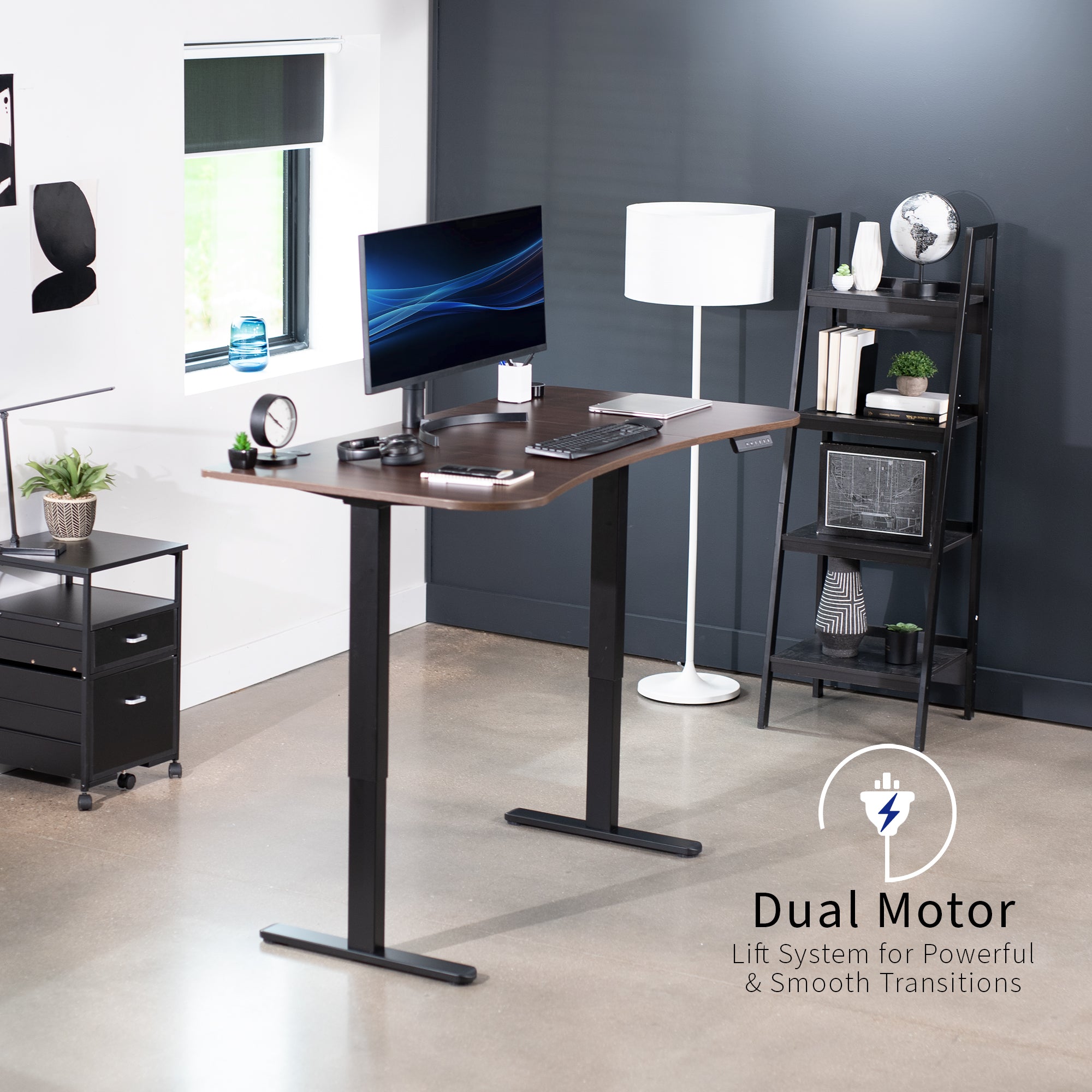 Heavy-duty electric sit to stand height adjustable ergonomic desk workstation with programmable memory controller for convenient productive workspace.