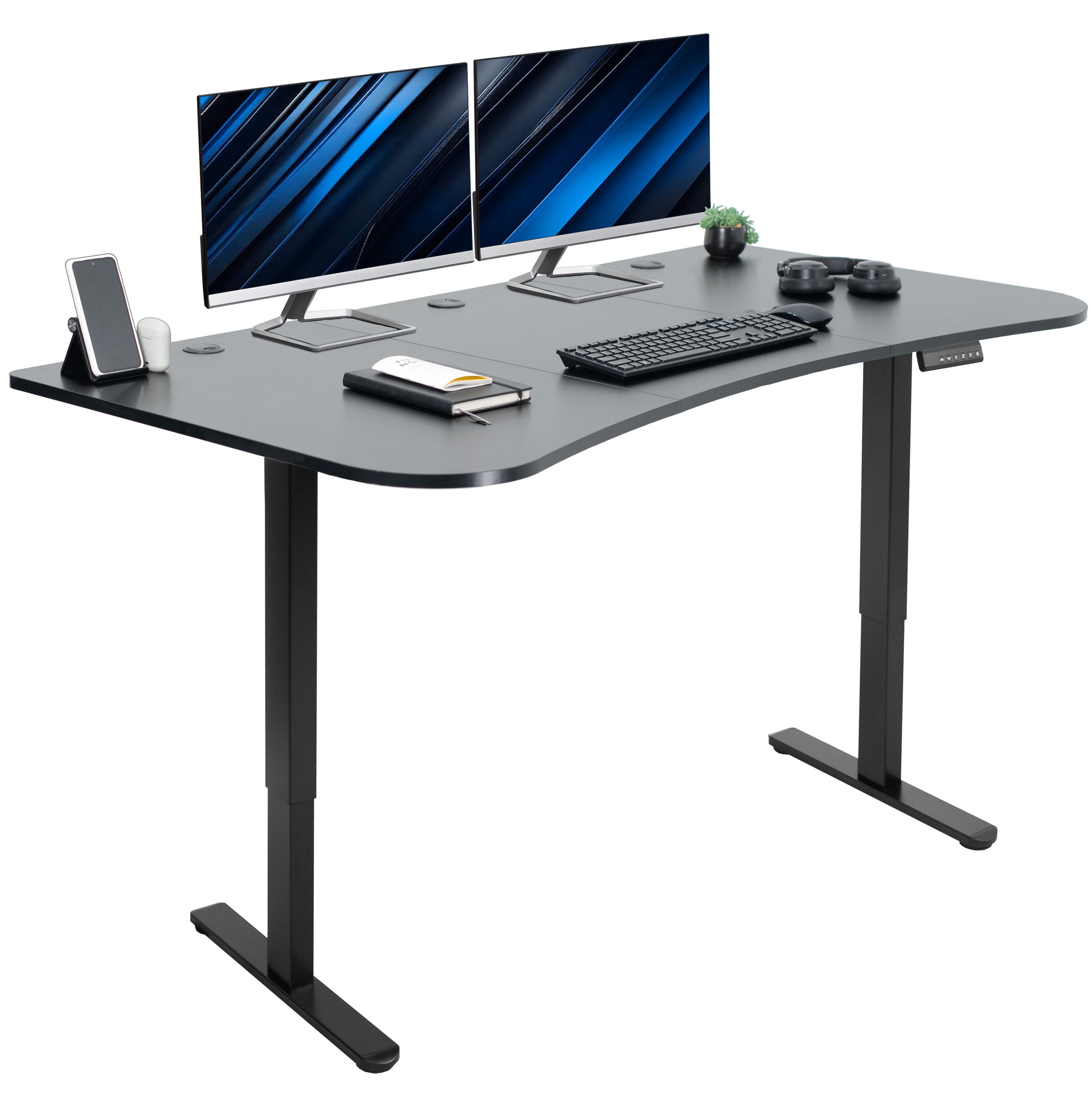 Heavy-duty carbon fiber top electric sit to stand height adjustable ergonomic desk workstation with programmable memory controller for convenient productive workspace.