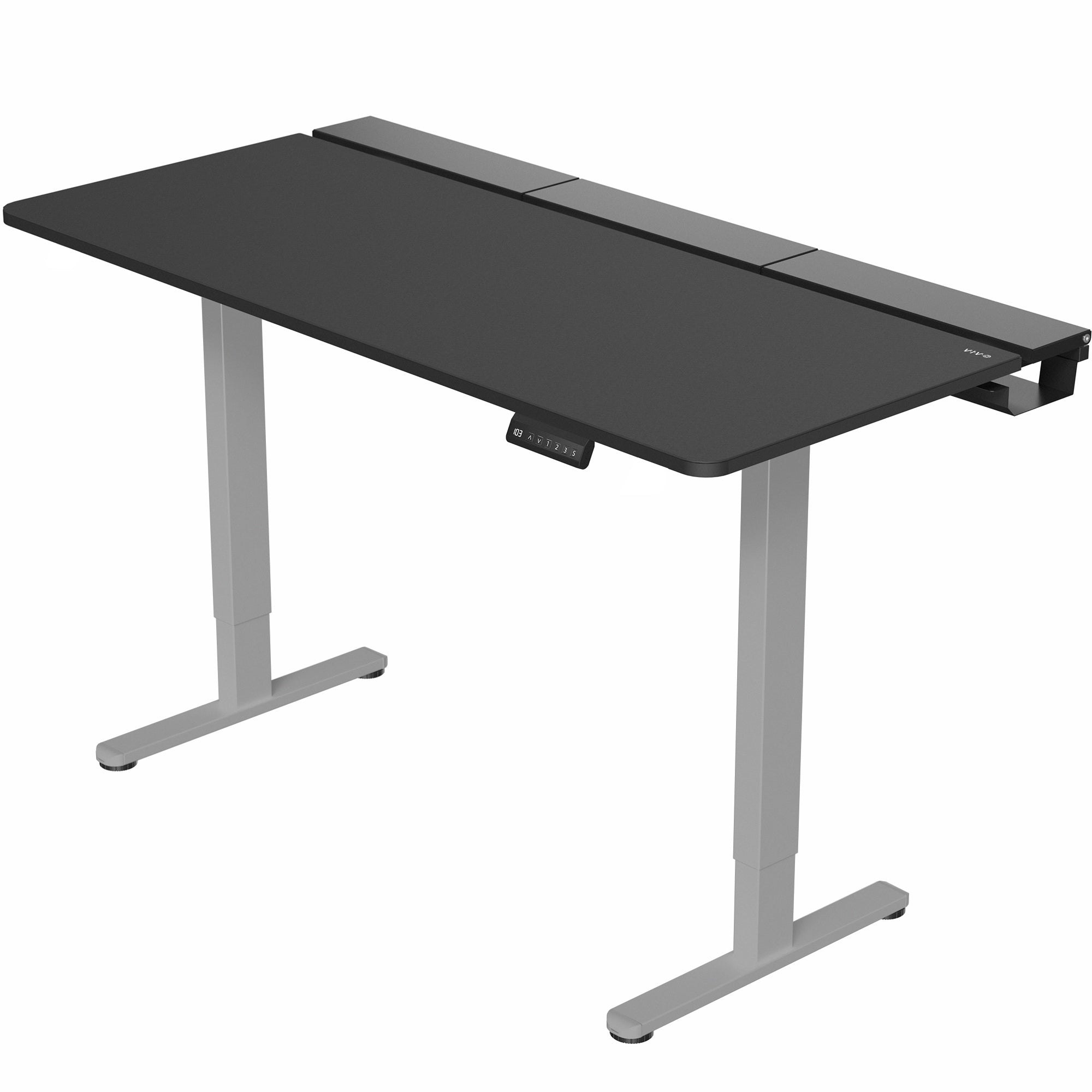 Dual motor electric desk with concealed cable management/storage trays and a full-sized desk pad, featuring memory controller height adjustment with memory settings.