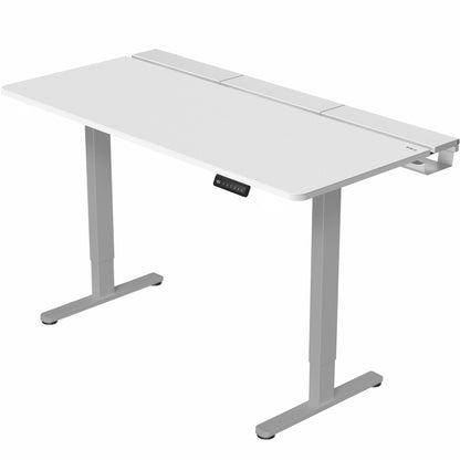 Dual motor electric desk with concealed cable management/storage trays and a full-sized desk pad, featuring memory controller height adjustment with memory settings.