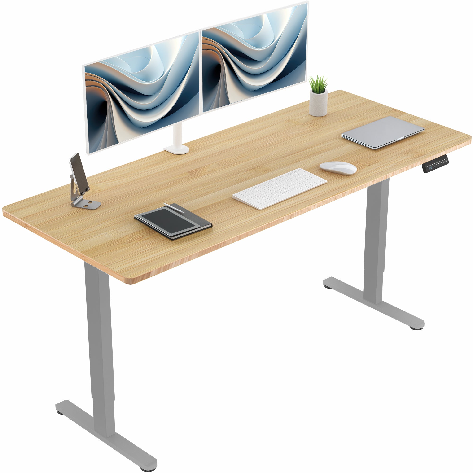 71 x 30 inch real bamboo dual motor electric desk featuring memory controller height adjustment with memory settings