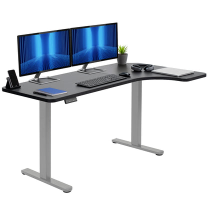 Dual monitor mount attached to a height adjustable desk with a slight corner curve offering more workspace to the side of choice.