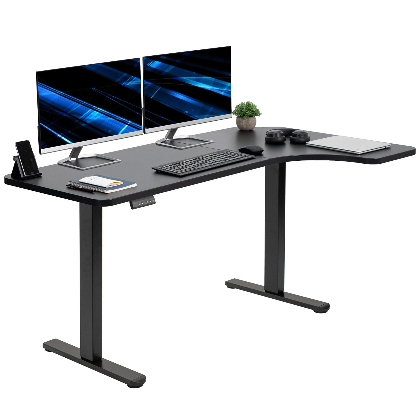 Extended curved desk with height adjustments.
