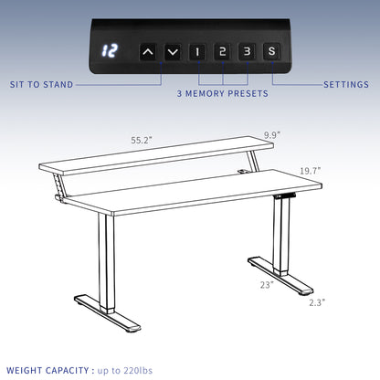 Heavy-duty dual tier electric height adjustable ergonomic desk workstation with programmable memory controller.